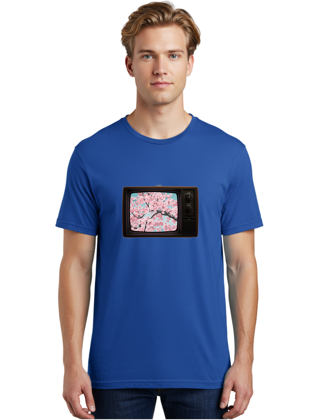 Old-Television-With-Cherry-Blossoms Men'S Graphic Tee, 100% Cotton, Comfortable Casual Summer Wear, Machine Washable, Vintage Camera, Old Camera, Antique Camera, Black Camera, Classic Photography, Photography Equipment, Nostalgic Device, Bak994
