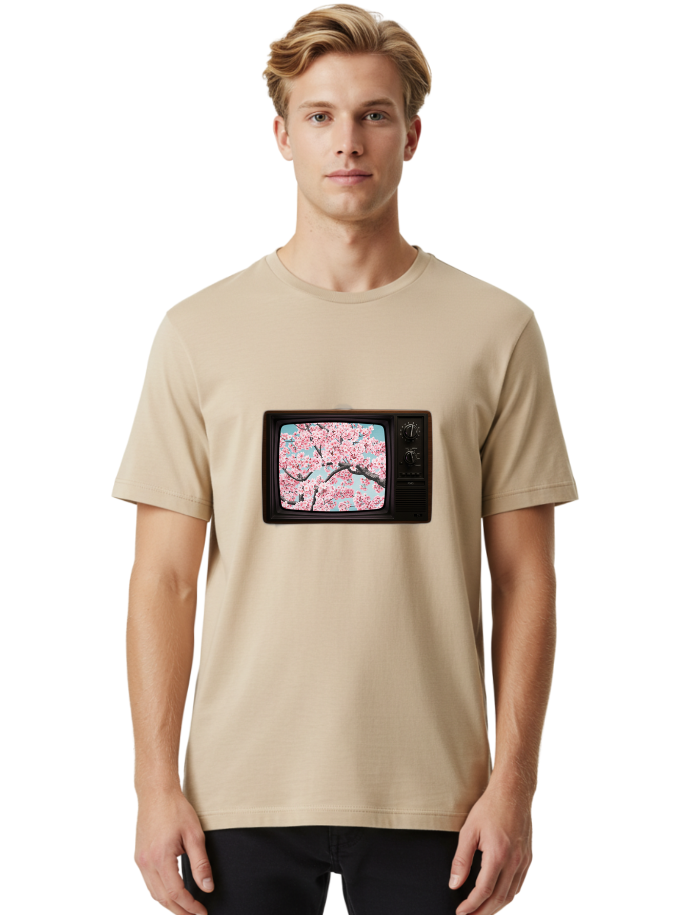 Old-Television-With-Cherry-Blossoms Men'S Graphic Tee, 100% Cotton, Comfortable Casual Summer Wear, Machine Washable, Vintage Camera, Old Camera, Antique Camera, Black Camera, Classic Photography, Photography Equipment, Nostalgic Device, Bak994