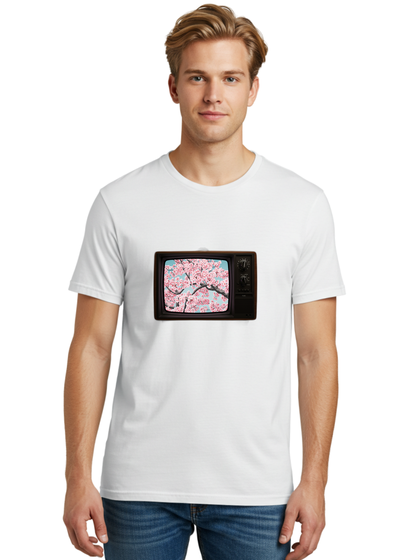 Old-Television-With-Cherry-Blossoms Men'S Graphic Tee, 100% Cotton, Comfortable Casual Summer Wear, Machine Washable, Vintage Camera, Old Camera, Antique Camera, Black Camera, Classic Photography, Photography Equipment, Nostalgic Device, Bak994
