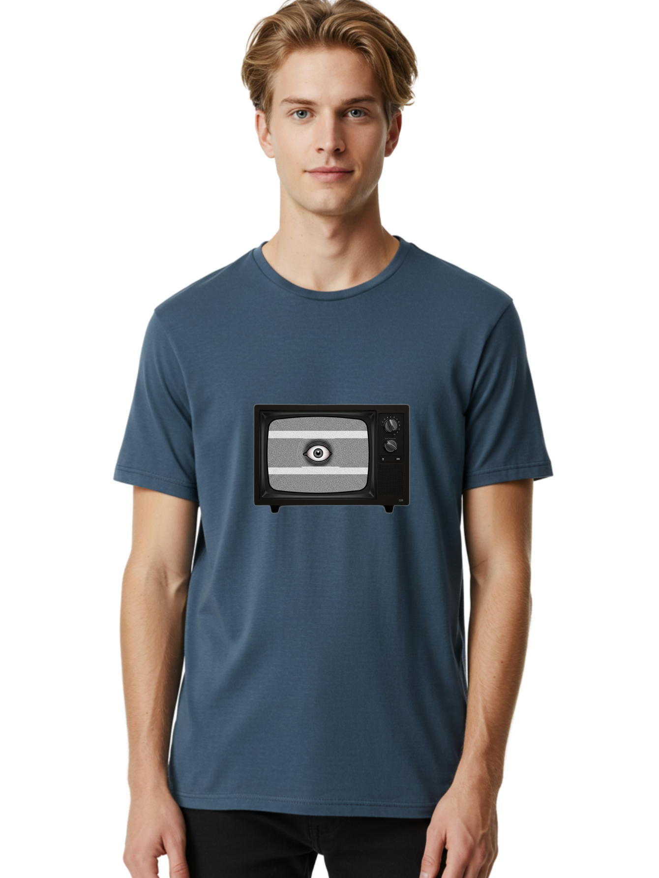 Old-Tv-With-Eye Men'S Graphic Tee, 100% Cotton, Comfortable Casual Summer Wear, Machine Washable, Vintage Camera, Old Camera, Antique Camera, Black Camera, Classic Photography, Photography Equipment, Nostalgic Device, Film Camera, Camera Art Bak996