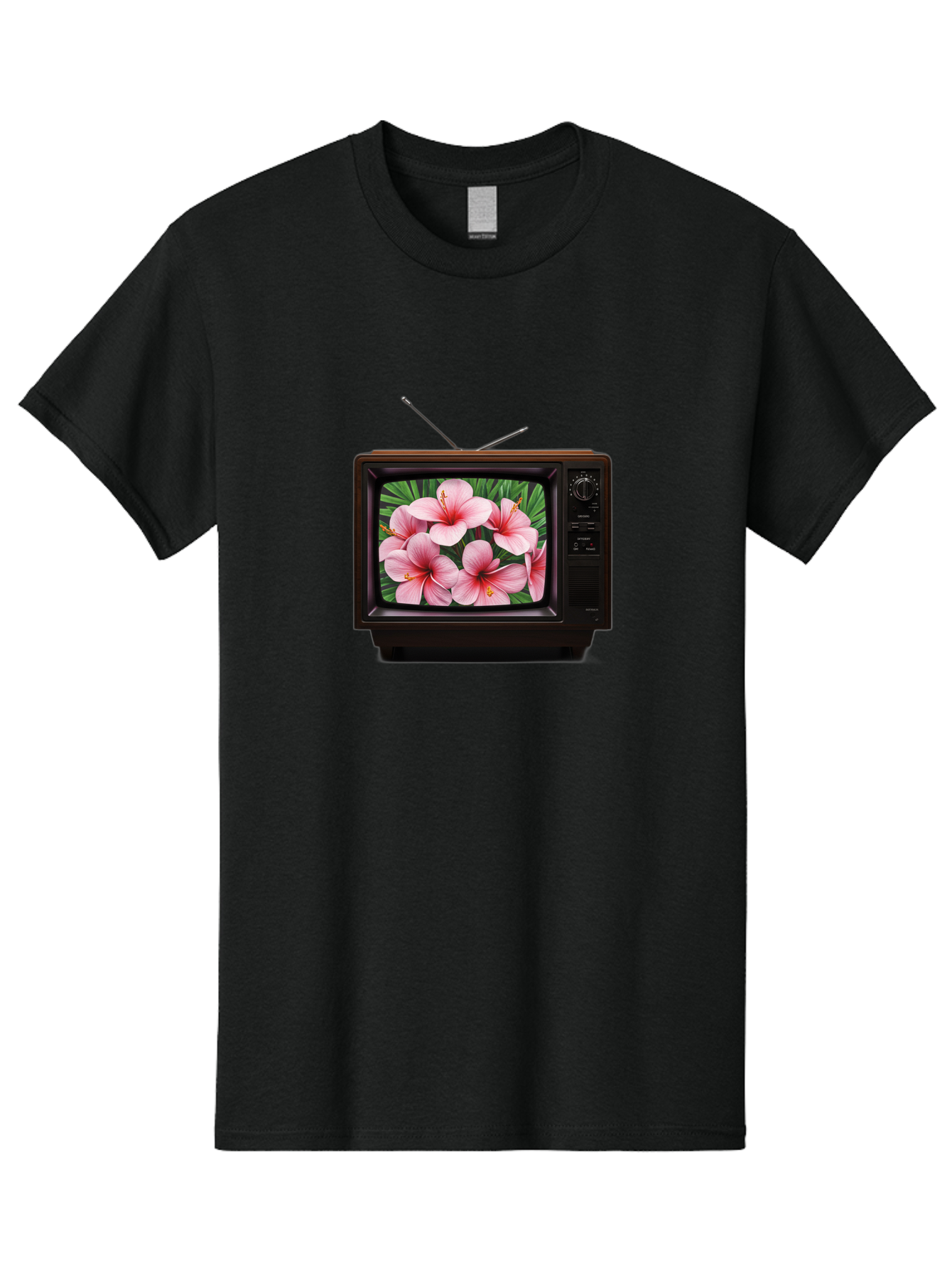 Old-Tv-With-Hibiscus-Flowers Men'S Graphic Tee, 100% Cotton, Comfortable Casual Summer Wear, Machine Washable, Vintage Camera, Old Camera, Antique Camera, Black Camera, Classic Photography, Photography Equipment, Nostalgic Device, Film Camera, Bak998