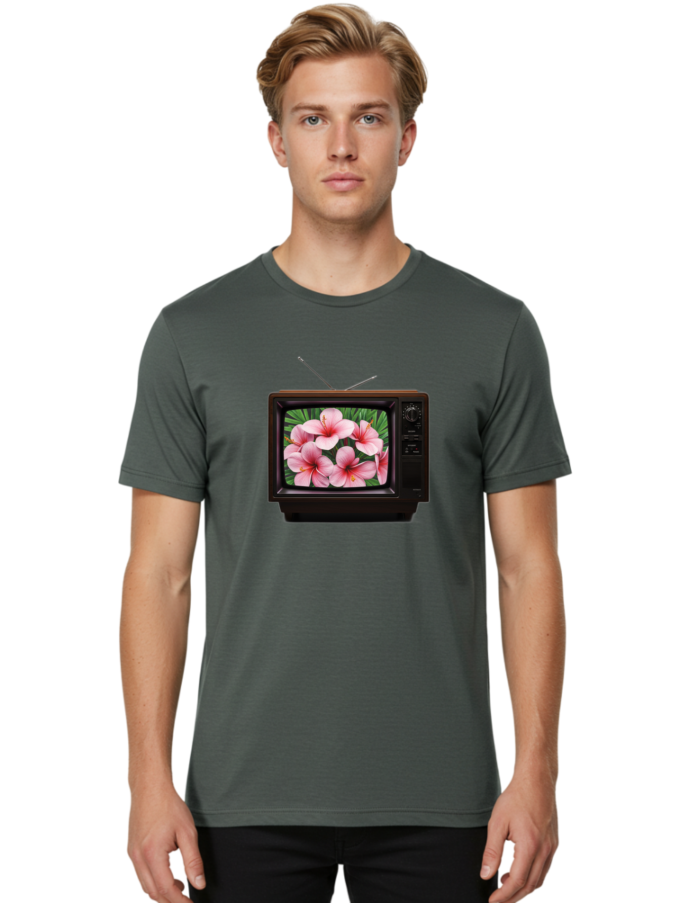 Old-Tv-With-Hibiscus-Flowers Men'S Graphic Tee, 100% Cotton, Comfortable Casual Summer Wear, Machine Washable, Vintage Camera, Old Camera, Antique Camera, Black Camera, Classic Photography, Photography Equipment, Nostalgic Device, Film Camera, Bak998