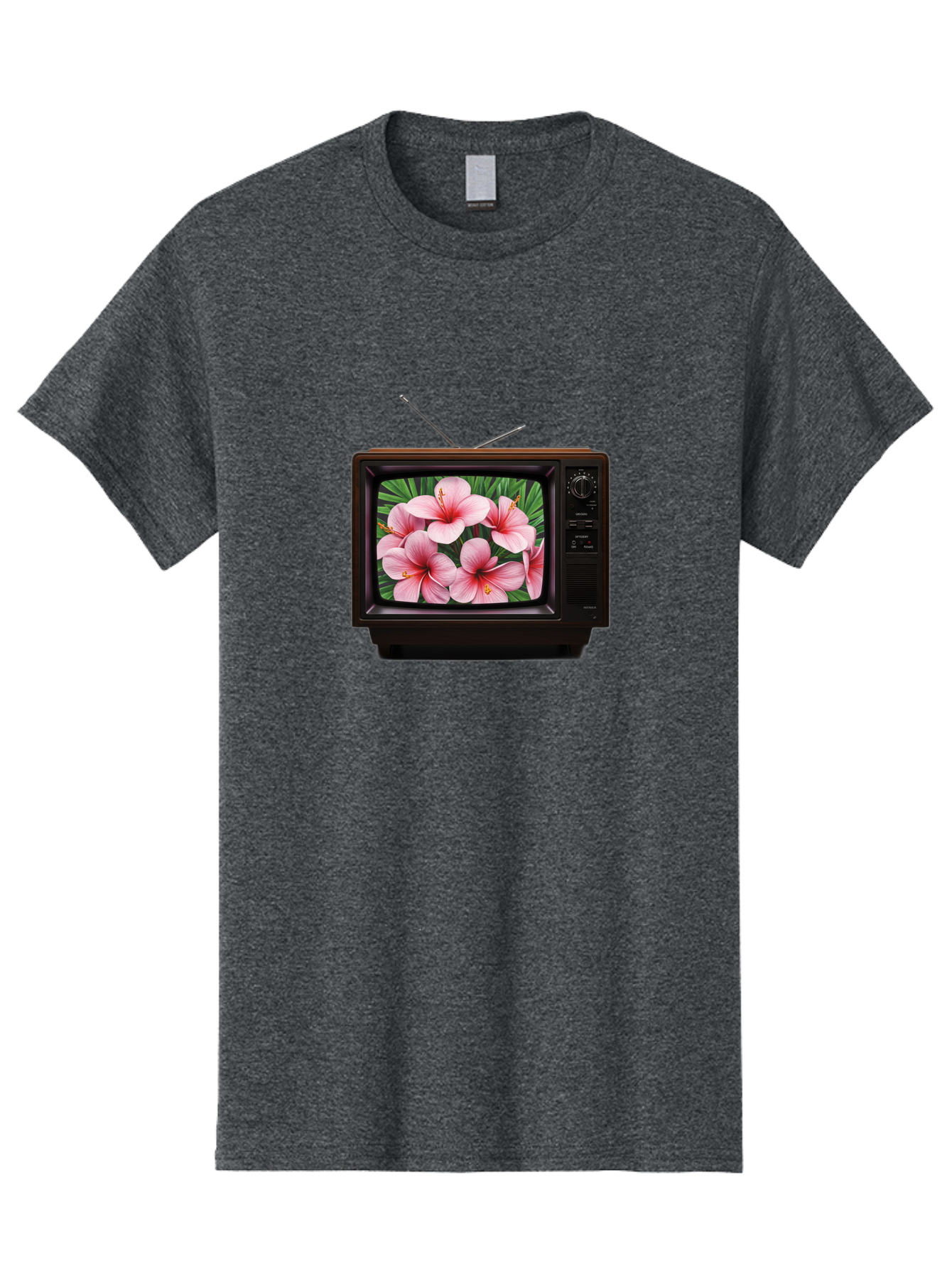 Old-Tv-With-Hibiscus-Flowers Men'S Graphic Tee, 100% Cotton, Comfortable Casual Summer Wear, Machine Washable, Vintage Camera, Old Camera, Antique Camera, Black Camera, Classic Photography, Photography Equipment, Nostalgic Device, Film Camera, Bak998
