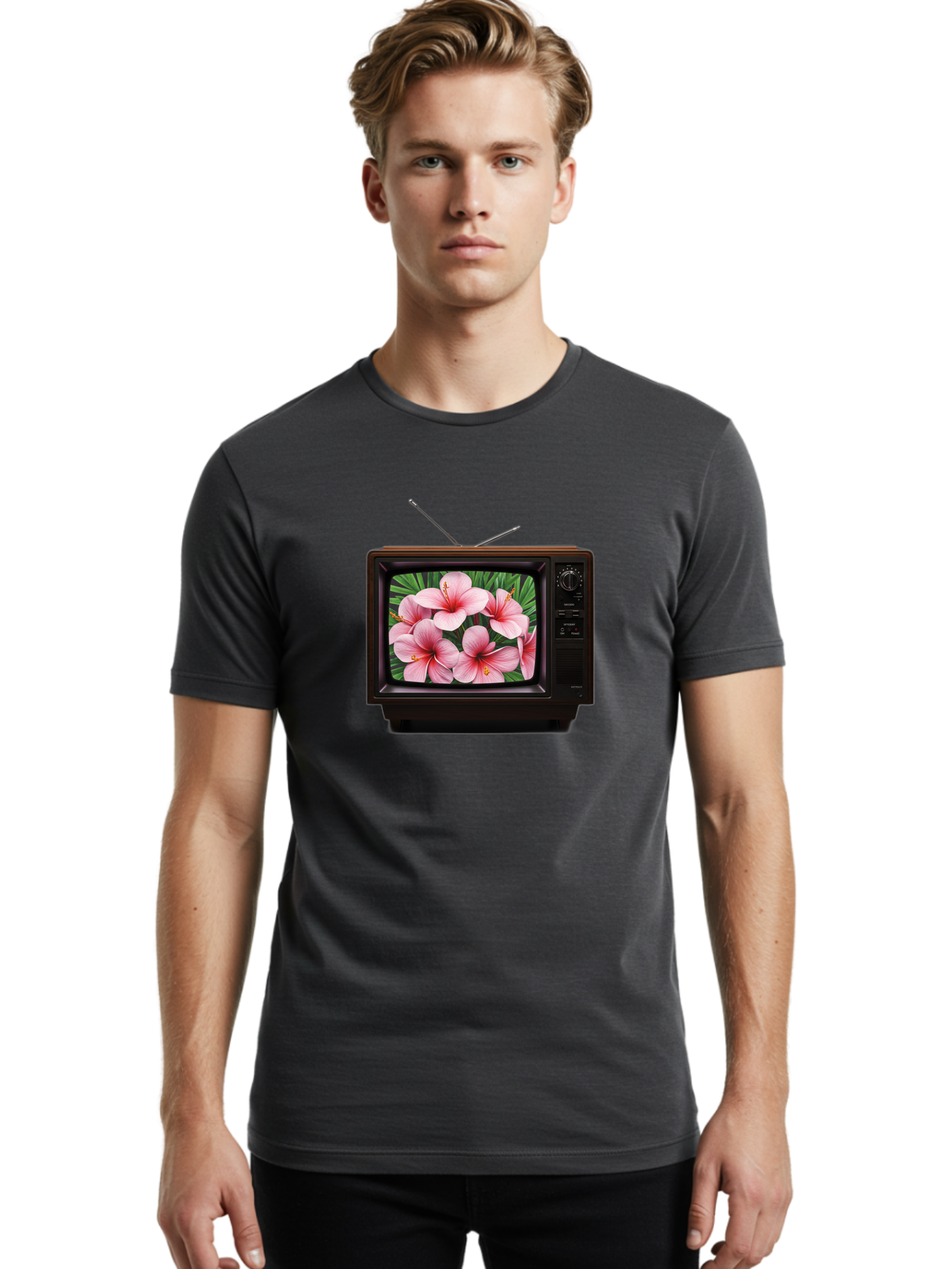 Old-Tv-With-Hibiscus-Flowers Men'S Graphic Tee, 100% Cotton, Comfortable Casual Summer Wear, Machine Washable, Vintage Camera, Old Camera, Antique Camera, Black Camera, Classic Photography, Photography Equipment, Nostalgic Device, Film Camera, Bak998