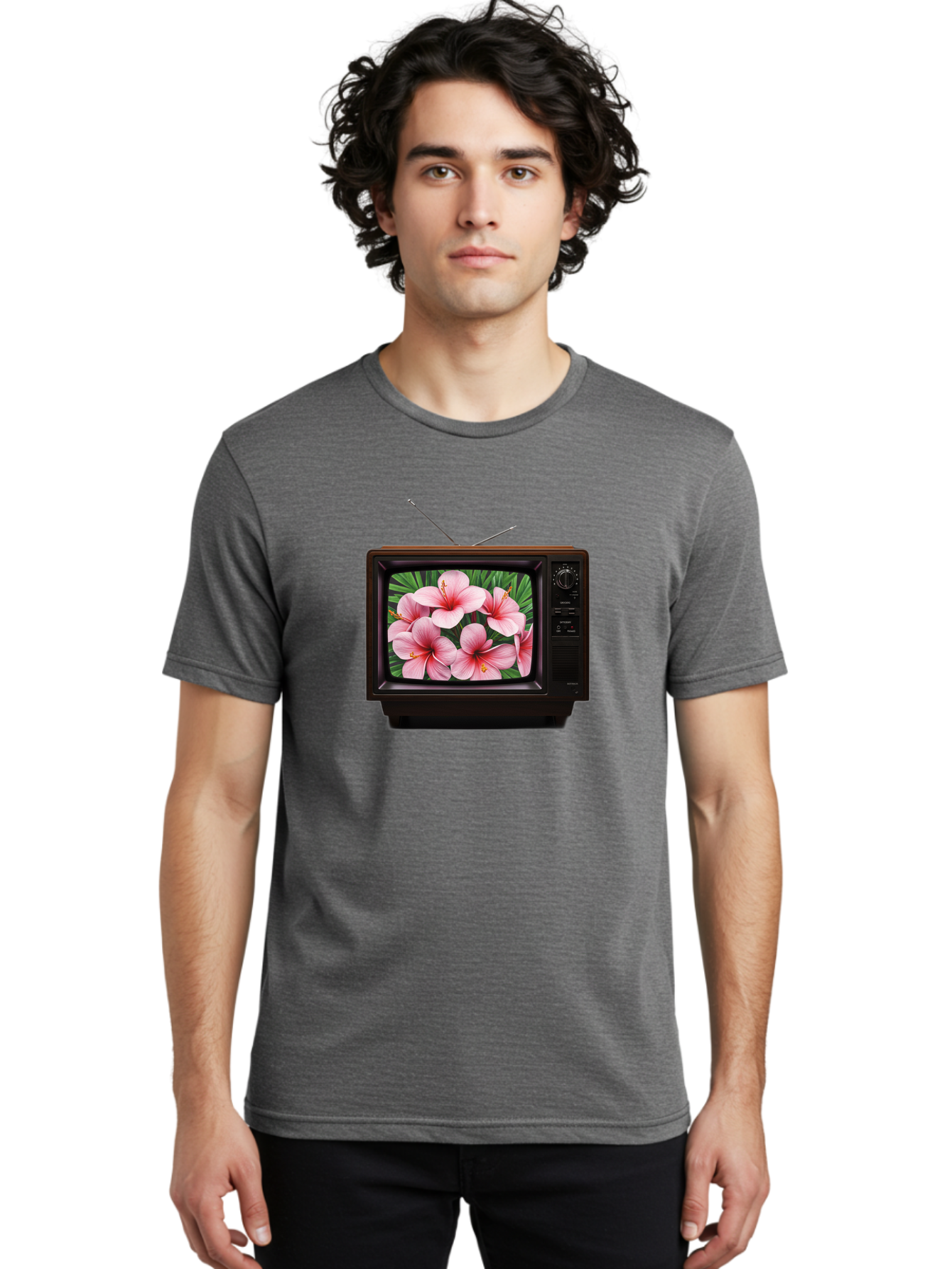 Old-Tv-With-Hibiscus-Flowers Men'S Graphic Tee, 100% Cotton, Comfortable Casual Summer Wear, Machine Washable, Vintage Camera, Old Camera, Antique Camera, Black Camera, Classic Photography, Photography Equipment, Nostalgic Device, Film Camera, Bak998