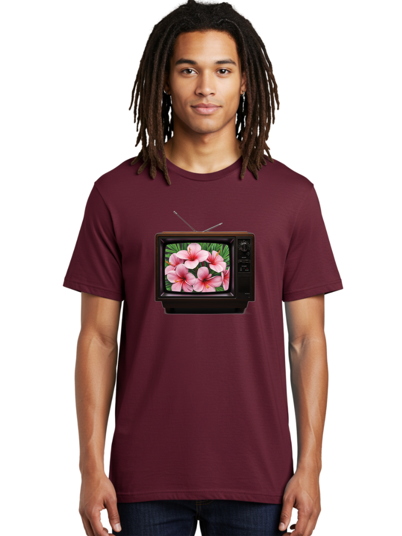 Old-Tv-With-Hibiscus-Flowers Men'S Graphic Tee, 100% Cotton, Comfortable Casual Summer Wear, Machine Washable, Vintage Camera, Old Camera, Antique Camera, Black Camera, Classic Photography, Photography Equipment, Nostalgic Device, Film Camera, Bak998