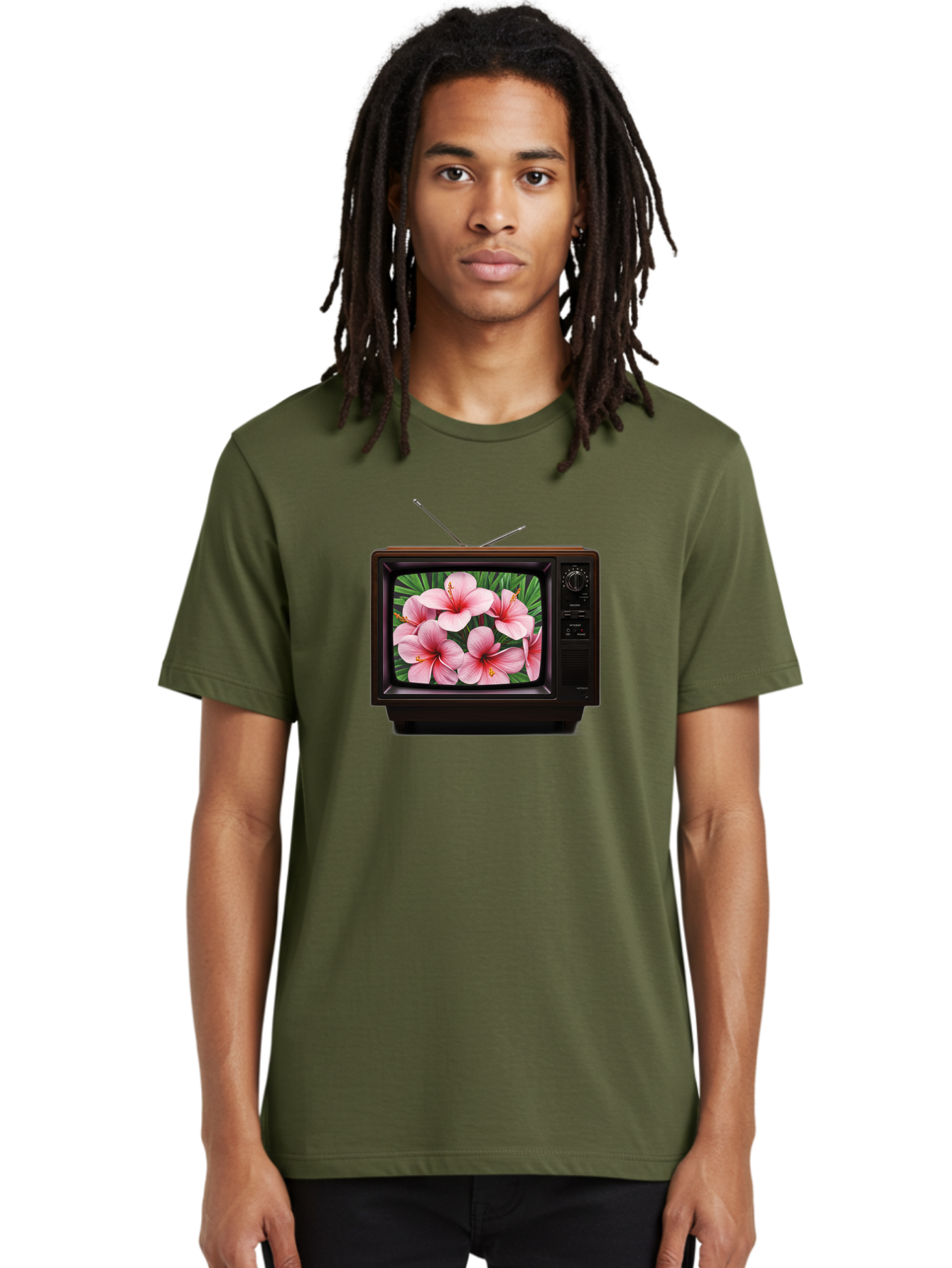 Old-Tv-With-Hibiscus-Flowers Men'S Graphic Tee, 100% Cotton, Comfortable Casual Summer Wear, Machine Washable, Vintage Camera, Old Camera, Antique Camera, Black Camera, Classic Photography, Photography Equipment, Nostalgic Device, Film Camera, Bak998