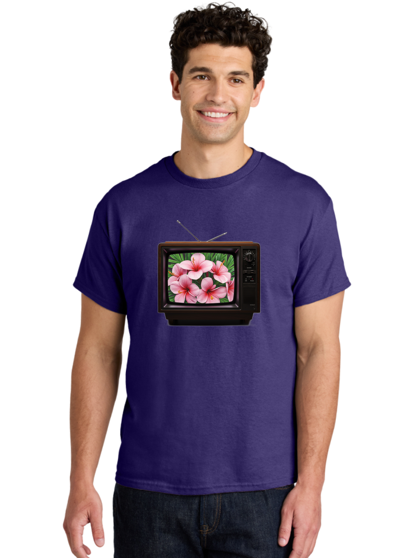 Old-Tv-With-Hibiscus-Flowers Men'S Graphic Tee, 100% Cotton, Comfortable Casual Summer Wear, Machine Washable, Vintage Camera, Old Camera, Antique Camera, Black Camera, Classic Photography, Photography Equipment, Nostalgic Device, Film Camera, Bak998