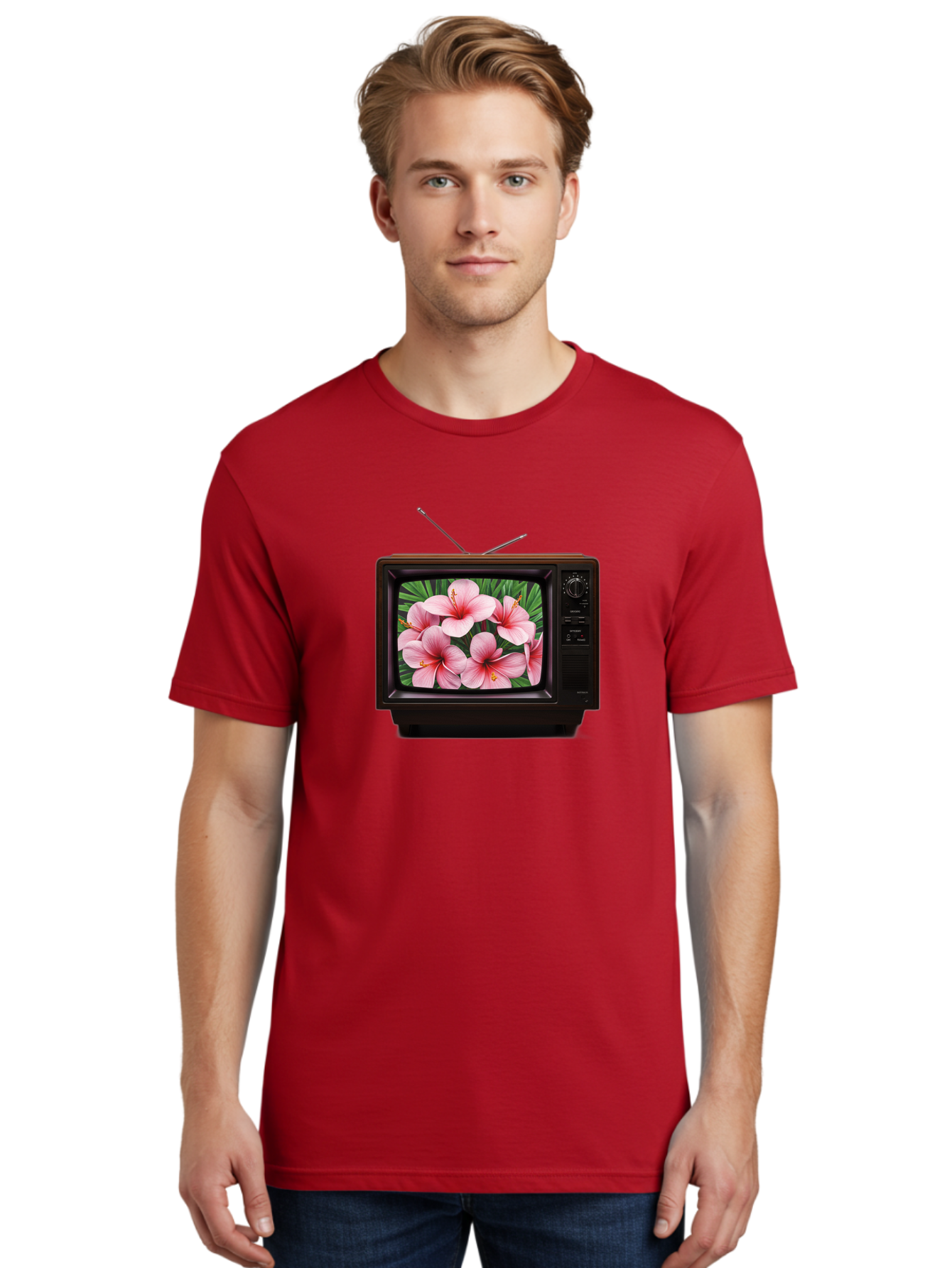 Old-Tv-With-Hibiscus-Flowers Men'S Graphic Tee, 100% Cotton, Comfortable Casual Summer Wear, Machine Washable, Vintage Camera, Old Camera, Antique Camera, Black Camera, Classic Photography, Photography Equipment, Nostalgic Device, Film Camera, Bak998