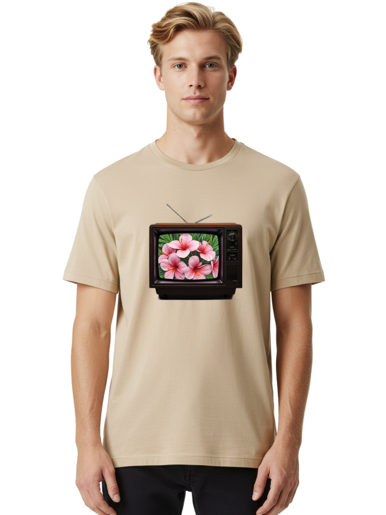 Old-Tv-With-Hibiscus-Flowers Men'S Graphic Tee, 100% Cotton, Comfortable Casual Summer Wear, Machine Washable, Vintage Camera, Old Camera, Antique Camera, Black Camera, Classic Photography, Photography Equipment, Nostalgic Device, Film Camera, Bak998