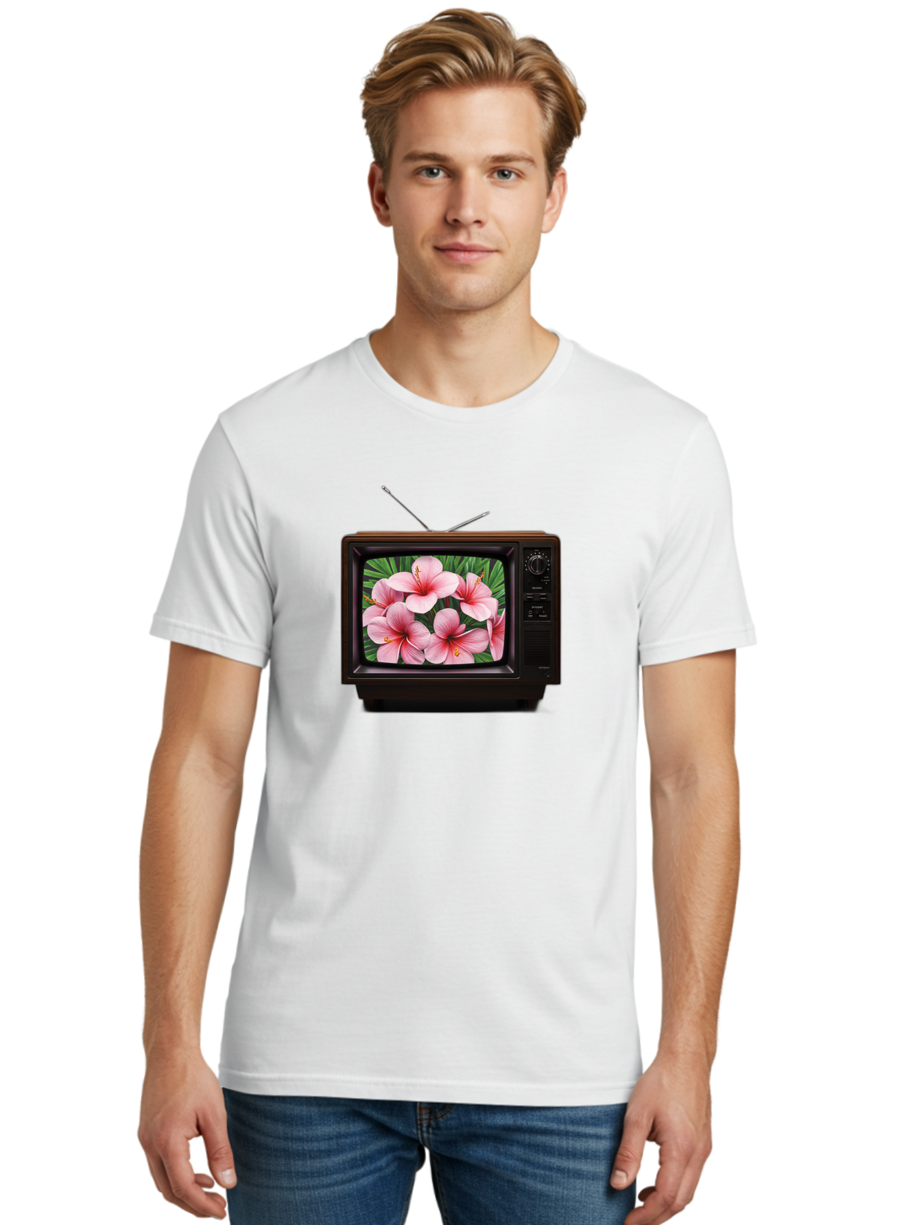 Old-Tv-With-Hibiscus-Flowers Men'S Graphic Tee, 100% Cotton, Comfortable Casual Summer Wear, Machine Washable, Vintage Camera, Old Camera, Antique Camera, Black Camera, Classic Photography, Photography Equipment, Nostalgic Device, Film Camera, Bak998
