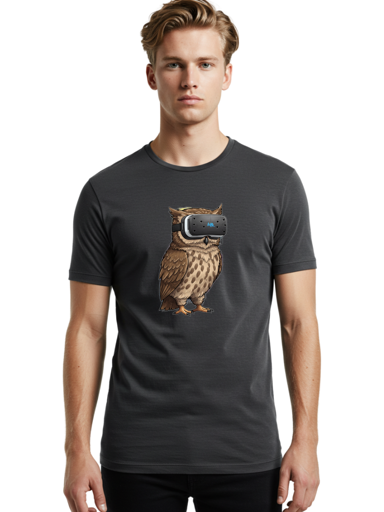 Owl-Wearing-Meta-Quest-3-Vr-Headset Men'S Graphic Tee, 100% Cotton, Comfortable Casual Summer Wear, Machine Washable, Vintage Camera, Old Camera, Antique Camera, Black Camera, Classic Photography, Photography Equipment, Nostalgic Device, Bal025