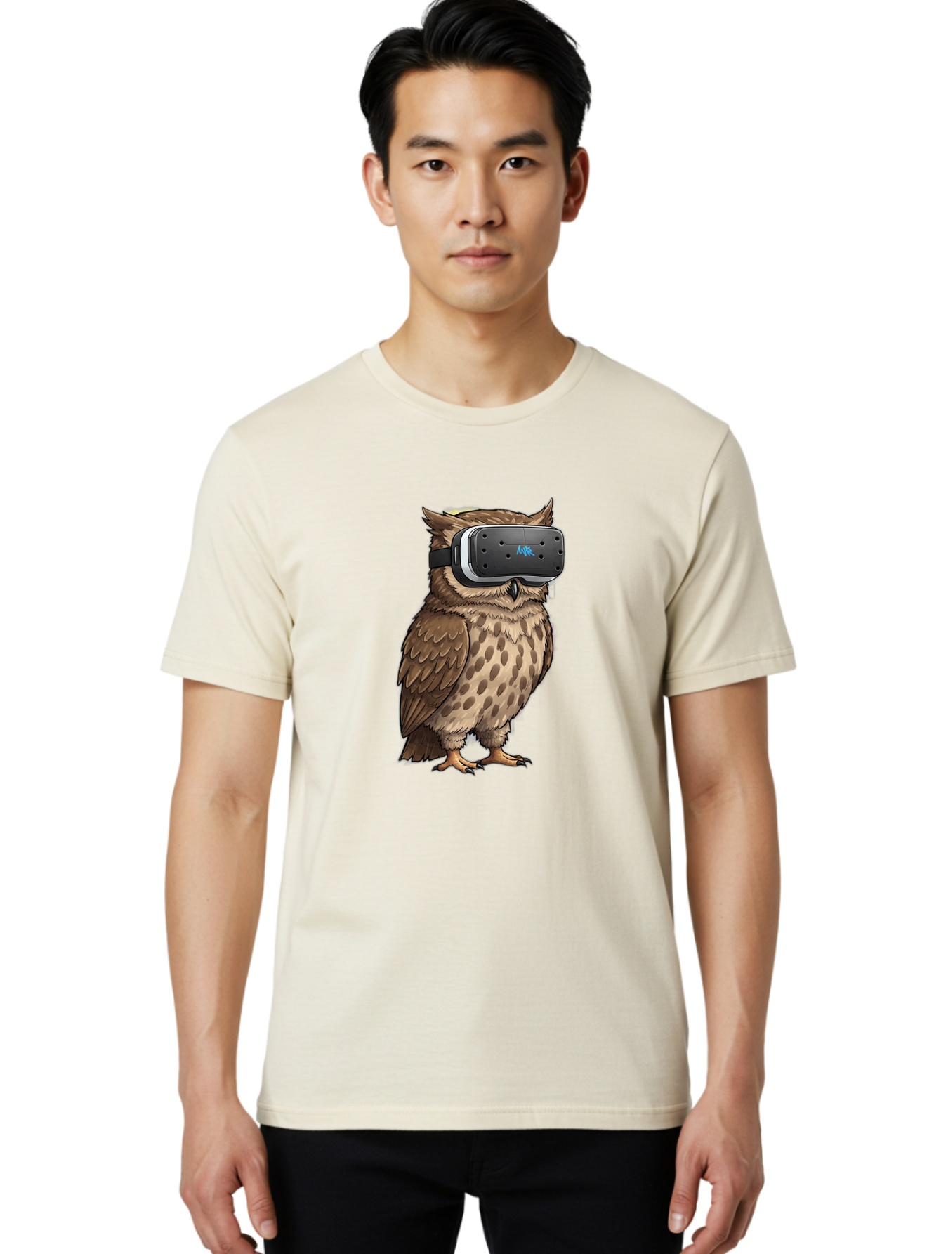 Owl-Wearing-Meta-Quest-3-Vr-Headset Men'S Graphic Tee, 100% Cotton, Comfortable Casual Summer Wear, Machine Washable, Vintage Camera, Old Camera, Antique Camera, Black Camera, Classic Photography, Photography Equipment, Nostalgic Device, Bal025