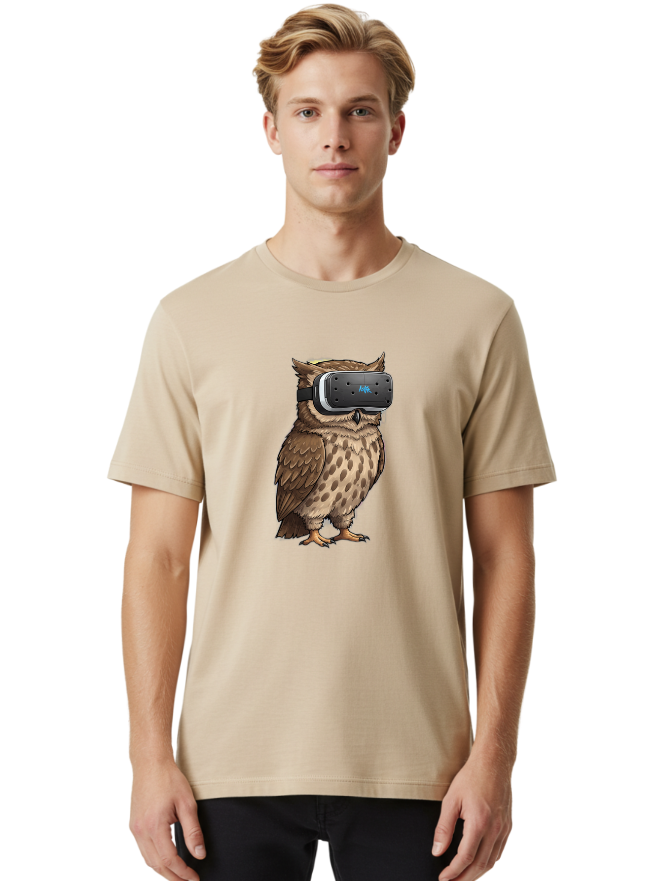 Owl-Wearing-Meta-Quest-3-Vr-Headset Men'S Graphic Tee, 100% Cotton, Comfortable Casual Summer Wear, Machine Washable, Vintage Camera, Old Camera, Antique Camera, Black Camera, Classic Photography, Photography Equipment, Nostalgic Device, Bal025