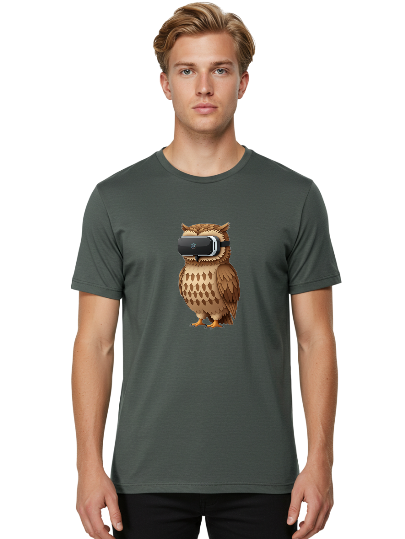 Owl-Wearing-Vr-Headset-1 Men'S Graphic Tee, 100% Cotton, Comfortable Casual Summer Wear, Machine Washable, Vintage Camera, Old Camera, Antique Camera, Black Camera, Classic Photography, Photography Equipment, Nostalgic Device, Film Camera, Bal026