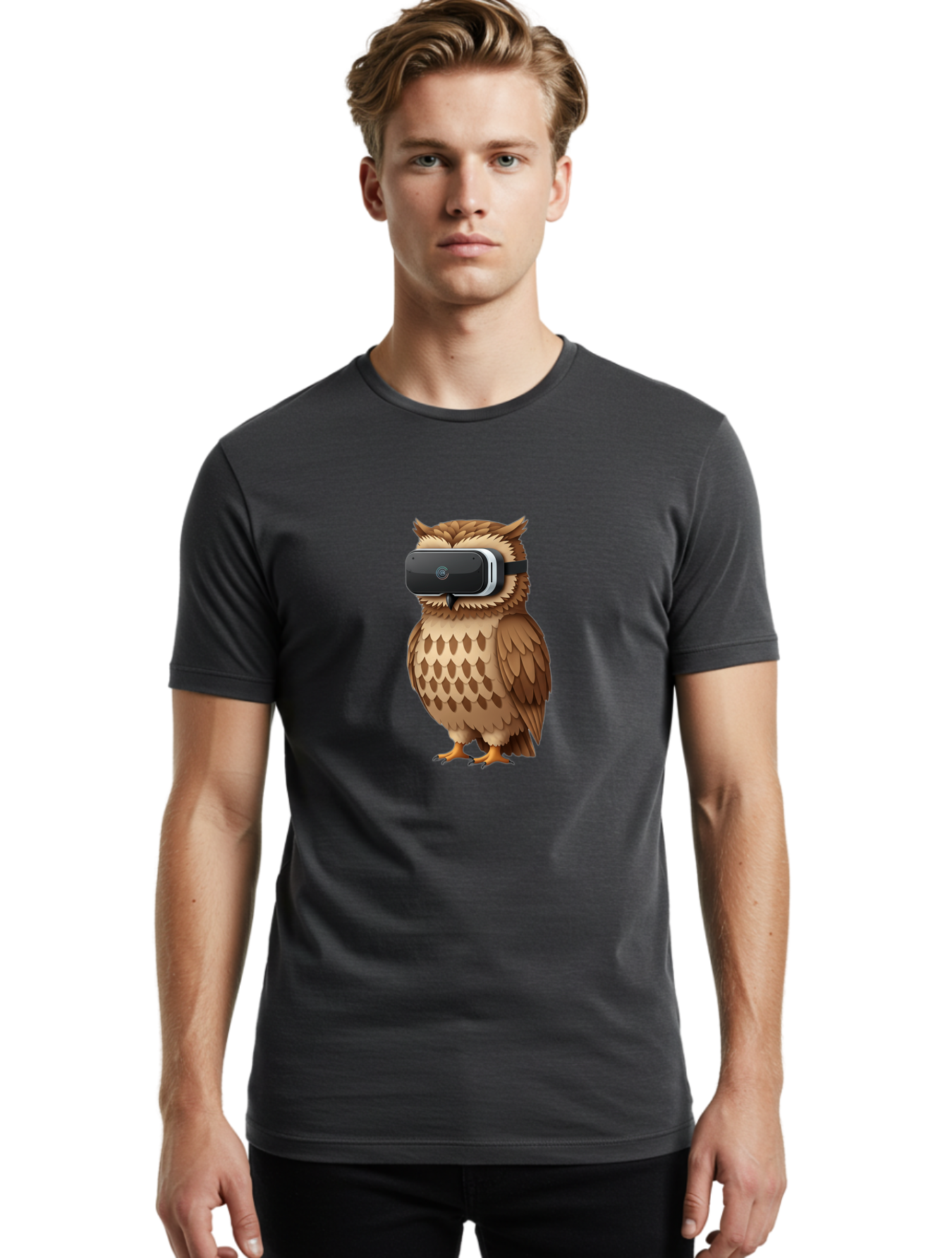 Owl-Wearing-Vr-Headset-1 Men'S Graphic Tee, 100% Cotton, Comfortable Casual Summer Wear, Machine Washable, Vintage Camera, Old Camera, Antique Camera, Black Camera, Classic Photography, Photography Equipment, Nostalgic Device, Film Camera, Bal026