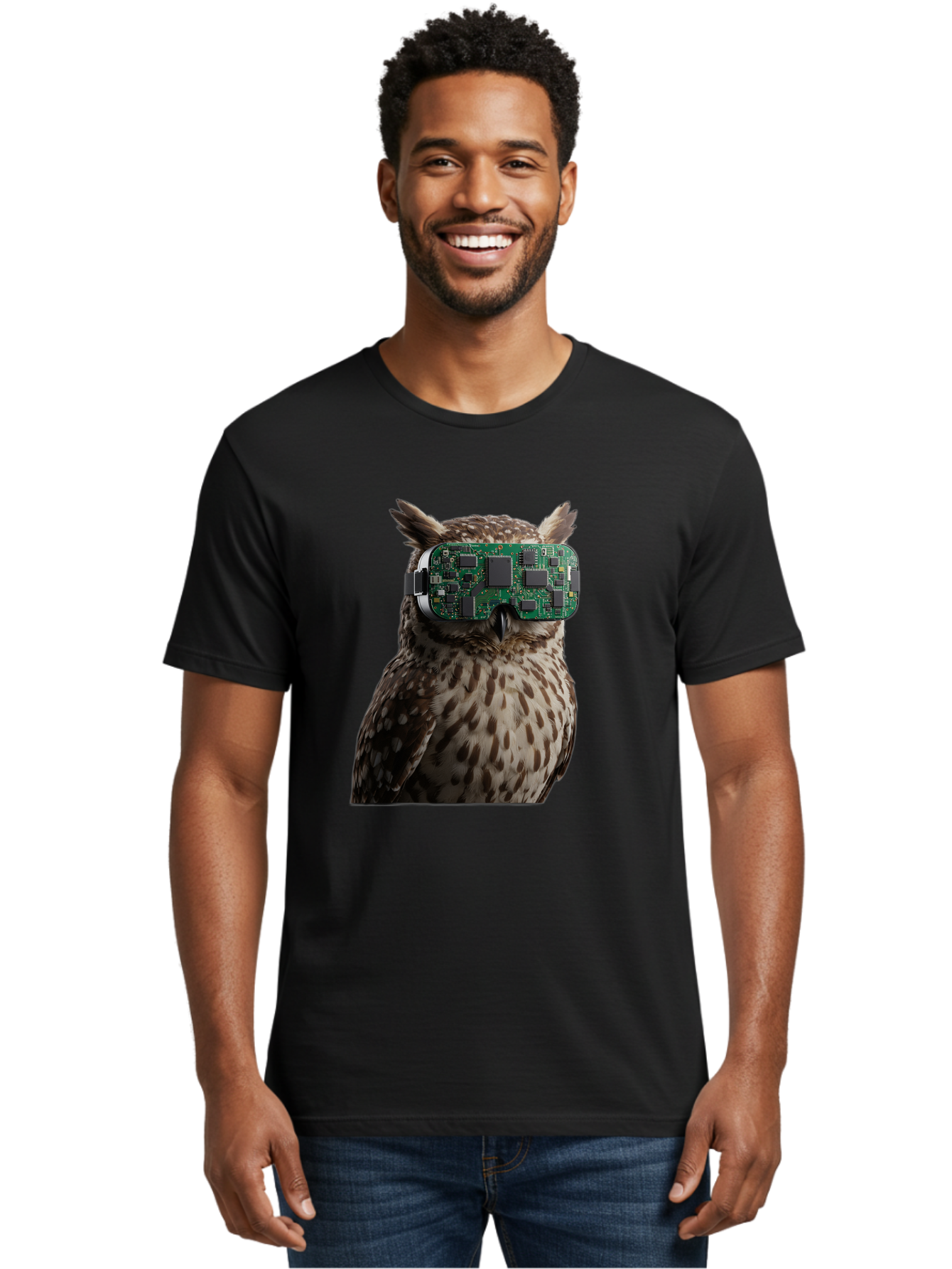 Owl-With-Circuit-Board-Vr-Goggles Men'S Graphic Tee, 100% Cotton, Comfortable Casual Summer Wear, Machine Washable, Vintage Camera, Old Camera, Antique Camera, Black Camera, Classic Photography, Photography Equipment, Nostalgic Device, Bal028