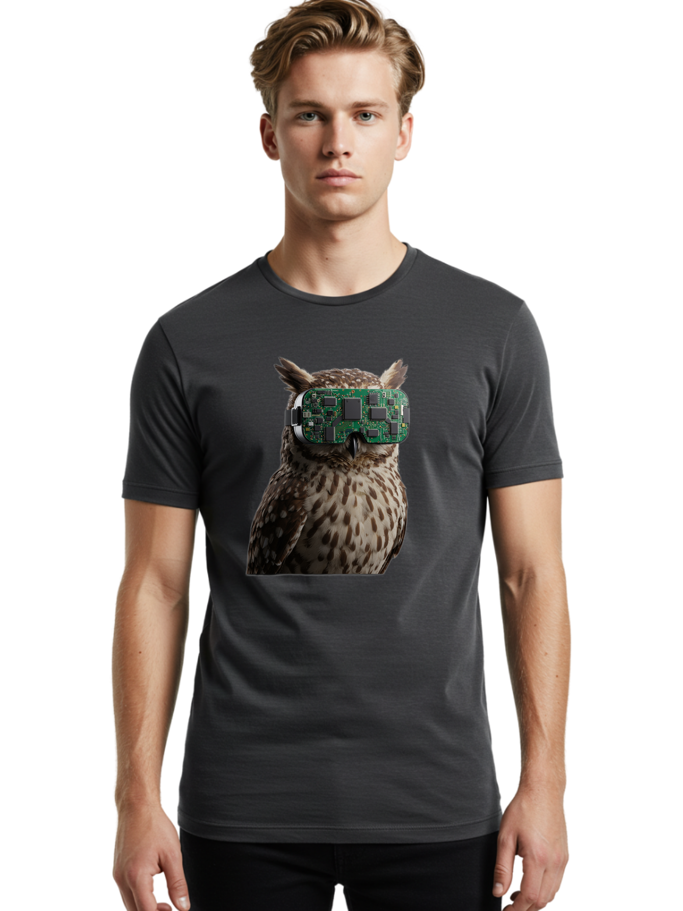Owl-With-Circuit-Board-Vr-Goggles Men'S Graphic Tee, 100% Cotton, Comfortable Casual Summer Wear, Machine Washable, Vintage Camera, Old Camera, Antique Camera, Black Camera, Classic Photography, Photography Equipment, Nostalgic Device, Bal028