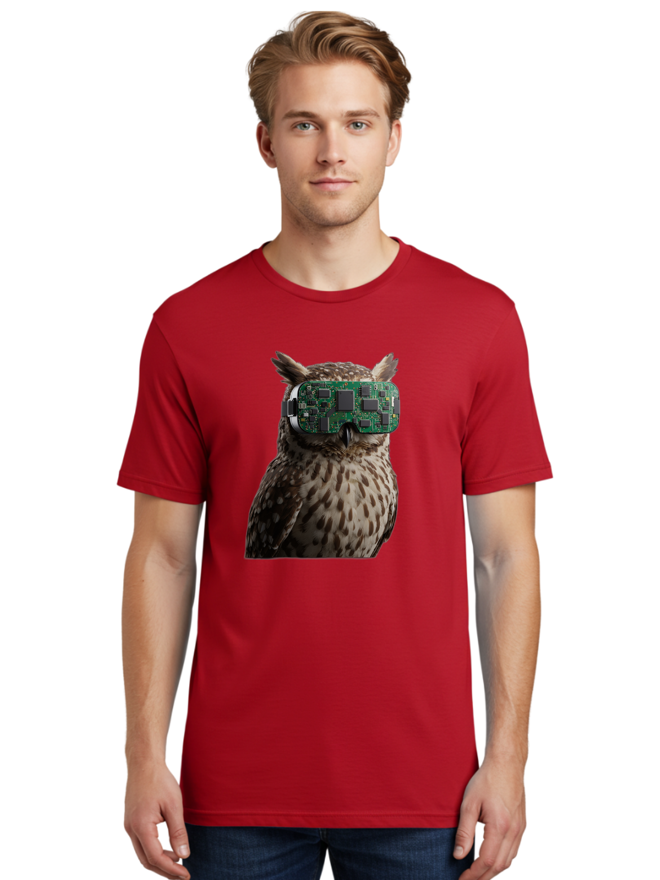 Owl-With-Circuit-Board-Vr-Goggles Men'S Graphic Tee, 100% Cotton, Comfortable Casual Summer Wear, Machine Washable, Vintage Camera, Old Camera, Antique Camera, Black Camera, Classic Photography, Photography Equipment, Nostalgic Device, Bal028