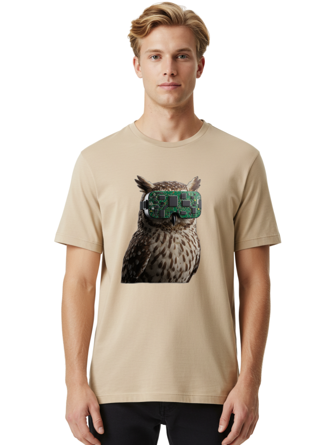 Owl-With-Circuit-Board-Vr-Goggles Men'S Graphic Tee, 100% Cotton, Comfortable Casual Summer Wear, Machine Washable, Vintage Camera, Old Camera, Antique Camera, Black Camera, Classic Photography, Photography Equipment, Nostalgic Device, Bal028