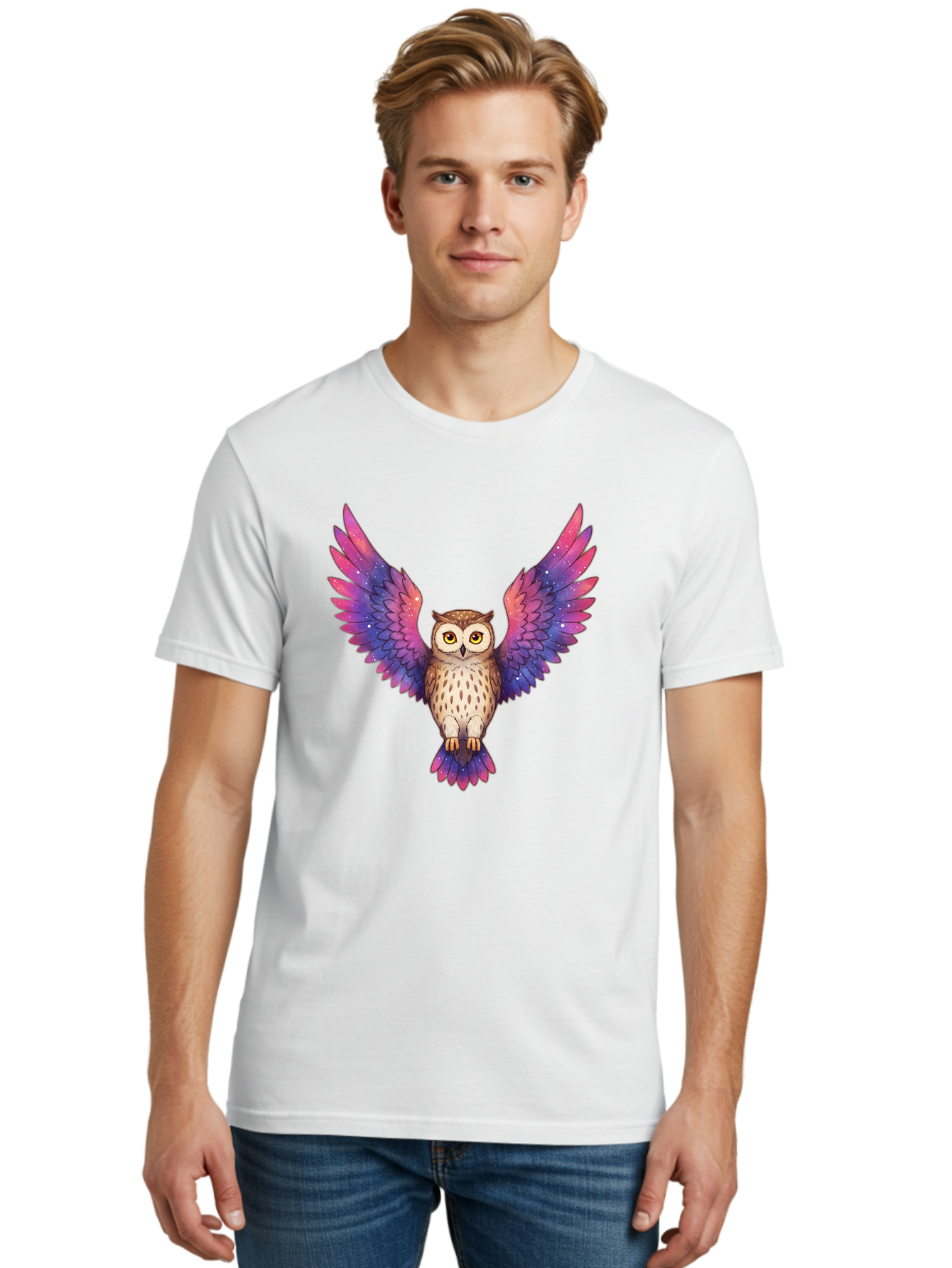 Owl-With-Galaxy-Wings-1 Men'S Graphic Tee, 100% Cotton, Comfortable Casual Summer Wear, Machine Washable, Vintage Camera, Old Camera, Antique Camera, Black Camera, Classic Photography, Photography Equipment, Nostalgic Device, Film Camera, Bal030