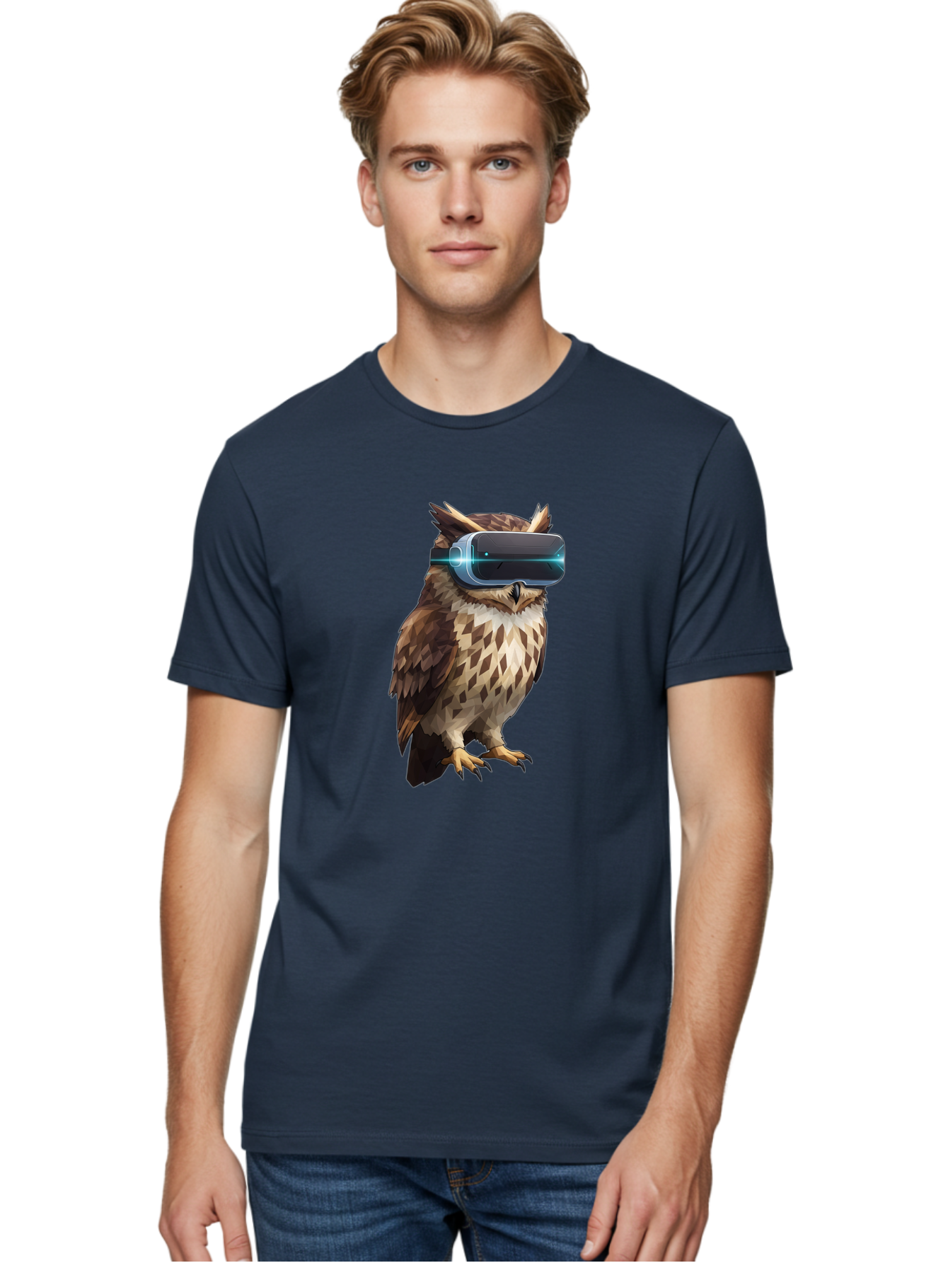 Owl-With-Vr-Headset-1 Men'S Graphic Tee, 100% Cotton, Comfortable Casual Summer Wear, Machine Washable, Vintage Camera, Old Camera, Antique Camera, Black Camera, Classic Photography, Photography Equipment, Nostalgic Device, Film Camera, Bal032