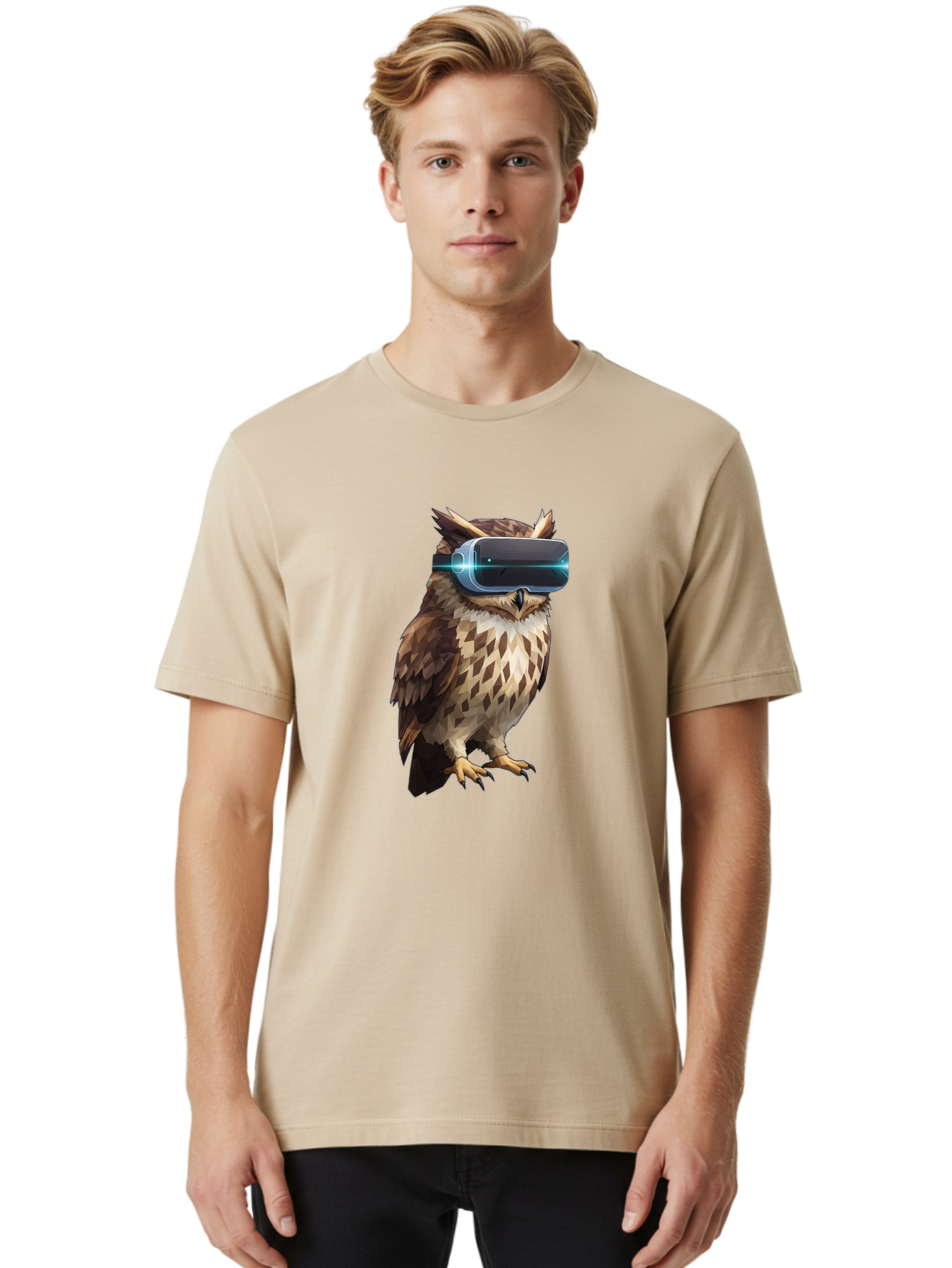 Owl-With-Vr-Headset-1 Men'S Graphic Tee, 100% Cotton, Comfortable Casual Summer Wear, Machine Washable, Vintage Camera, Old Camera, Antique Camera, Black Camera, Classic Photography, Photography Equipment, Nostalgic Device, Film Camera, Bal032