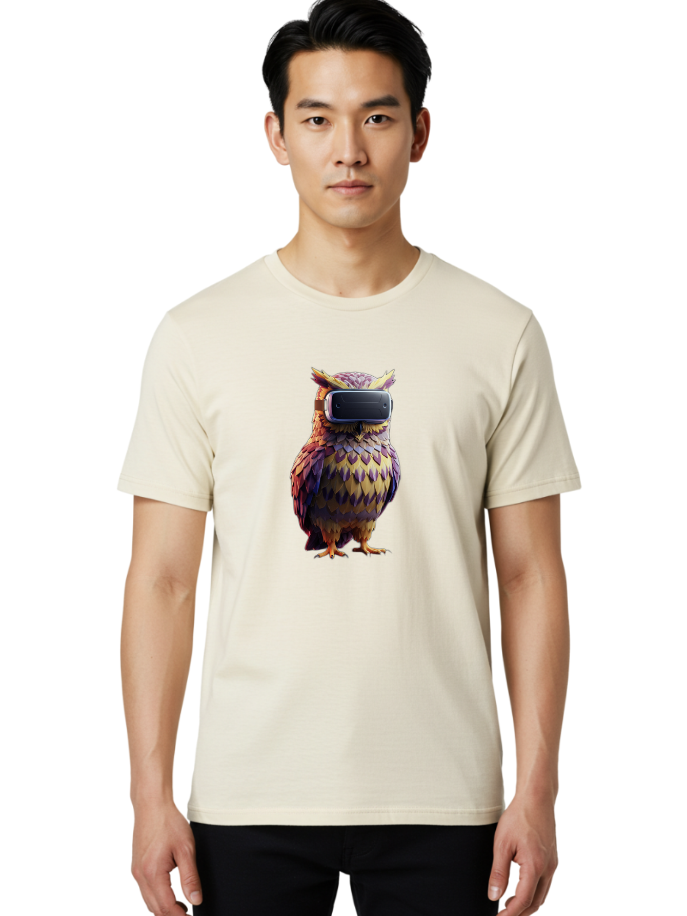 Owl-With-Vr-Headset-3 Men'S Graphic Tee, 100% Cotton, Comfortable Casual Summer Wear, Machine Washable, Vintage Camera, Old Camera, Antique Camera, Black Camera, Classic Photography, Photography Equipment, Nostalgic Device, Film Camera, Bal034