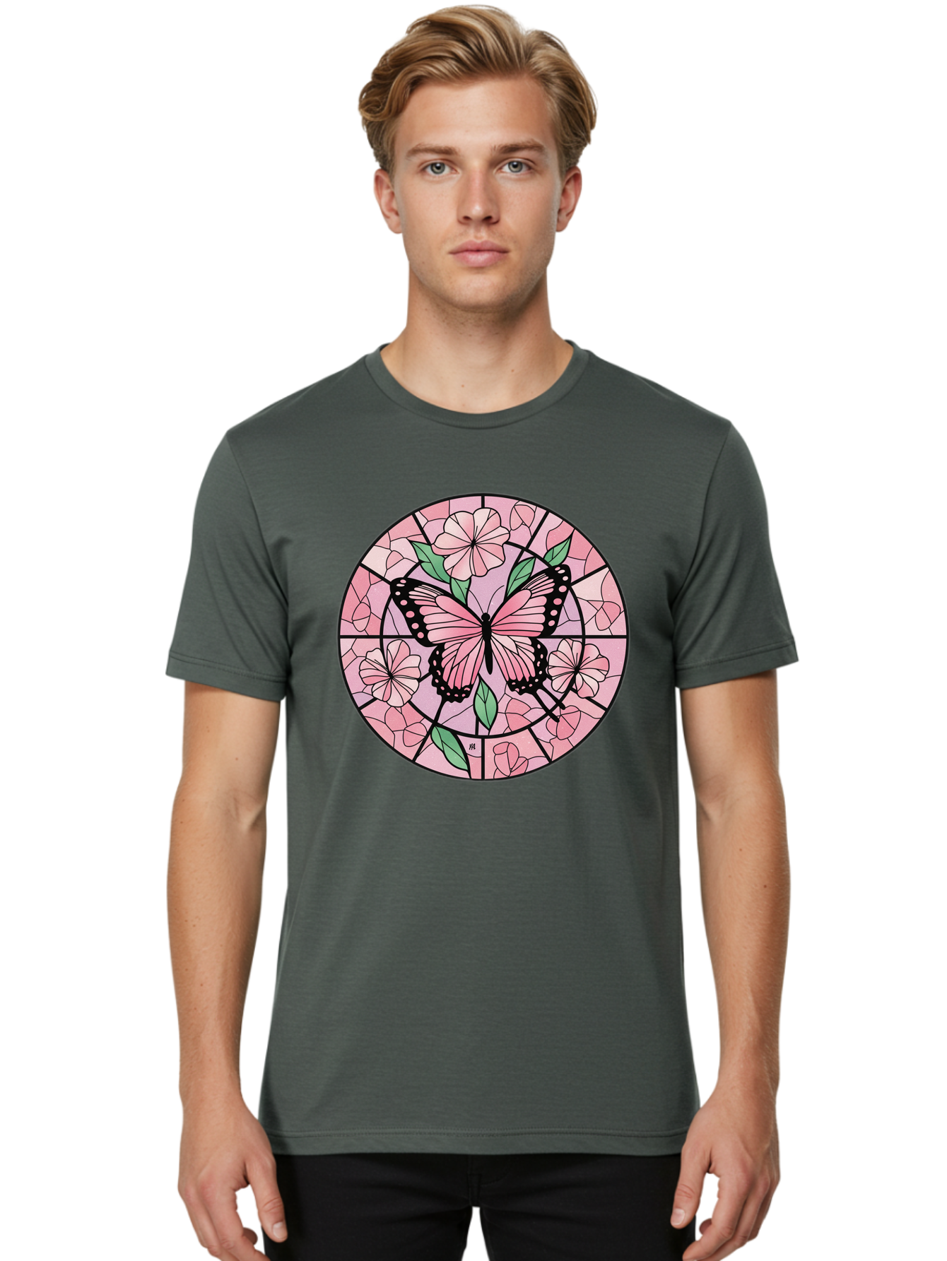 Pink-Butterfly-Stained-Glass Men'S Graphic Tee, 100% Cotton, Comfortable Casual Summer Wear, Machine Washable, Vintage Camera, Old Camera, Antique Camera, Black Camera, Classic Photography, Photography Equipment, Nostalgic Device, Film Camera, Bal088