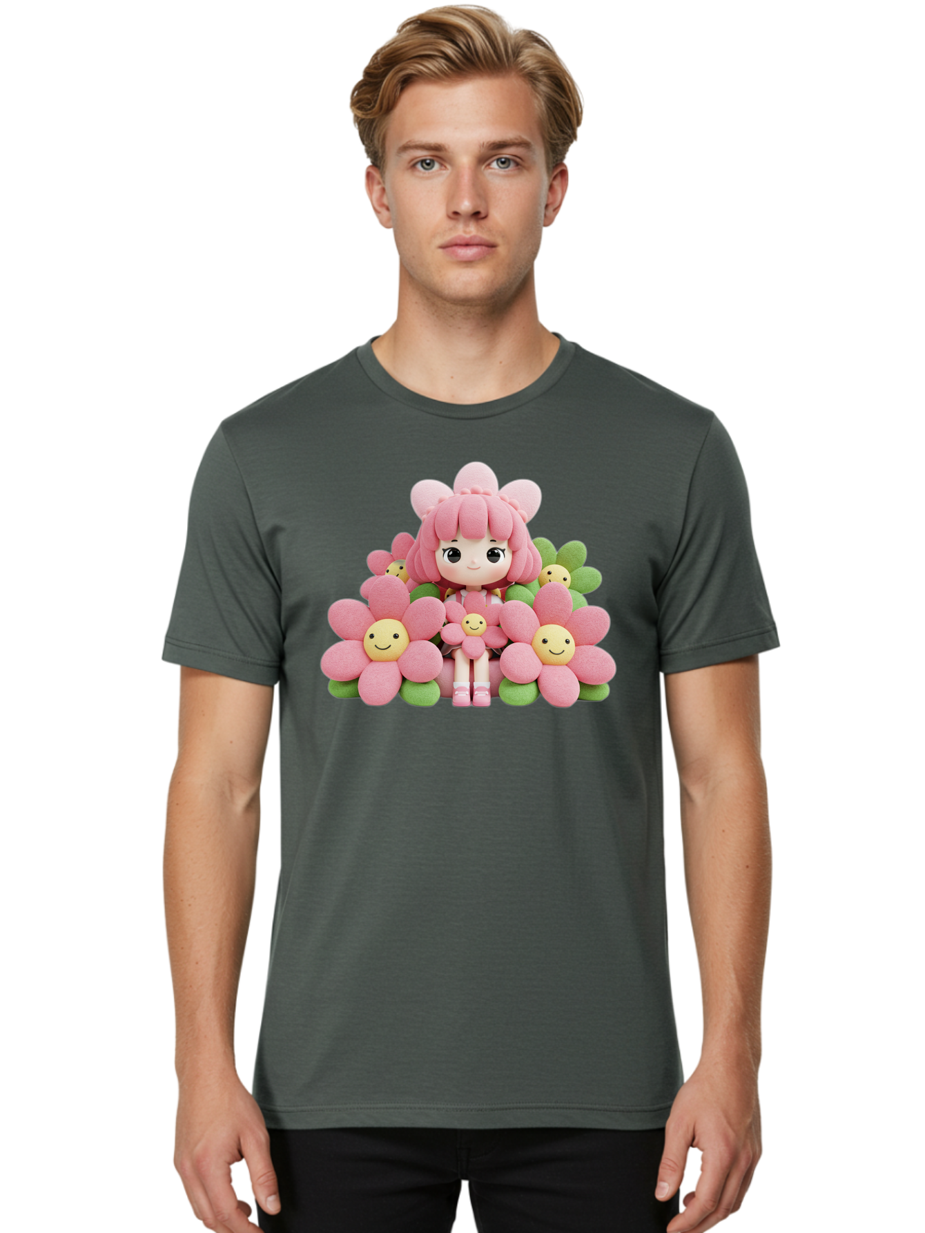 Pink-Haired-Doll-In-Flowers Men'S Graphic Tee, 100% Cotton, Comfortable Casual Summer Wear, Machine Washable, Vintage Camera, Old Camera, Antique Camera, Black Camera, Classic Photography, Photography Equipment, Nostalgic Device, Film Camera, Bal130