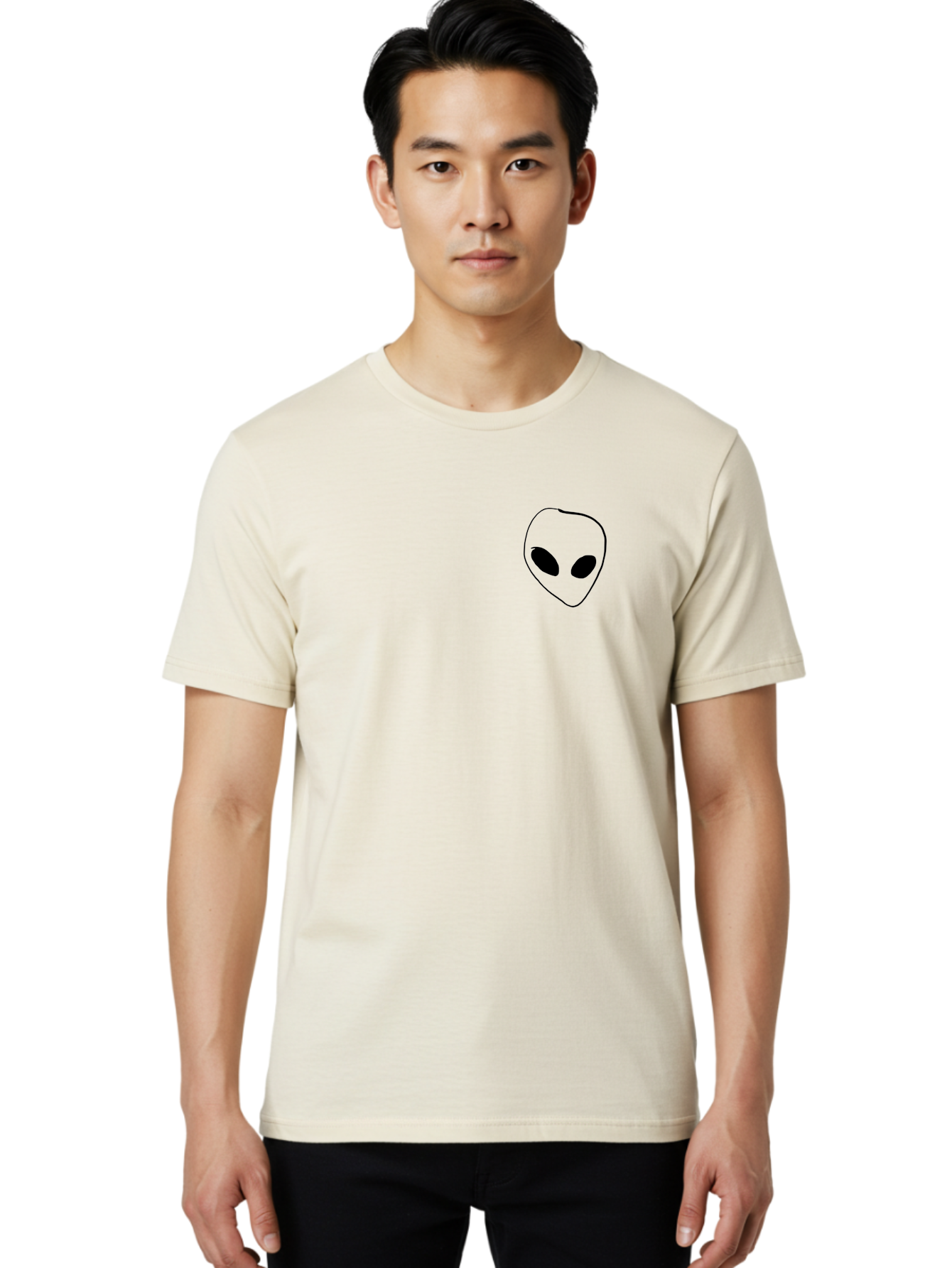 Alien-Head Men'S Graphic Tee, 100% Cotton, Comfortable Casual Summer Wear, Machine Washable, Alien Face, Simple Drawing, Black Outline, Minimalist Design, Extraterrestrial Being, Cartoon Style, Black Eyes, Digital Illustration, Simple Art -  Aaa002