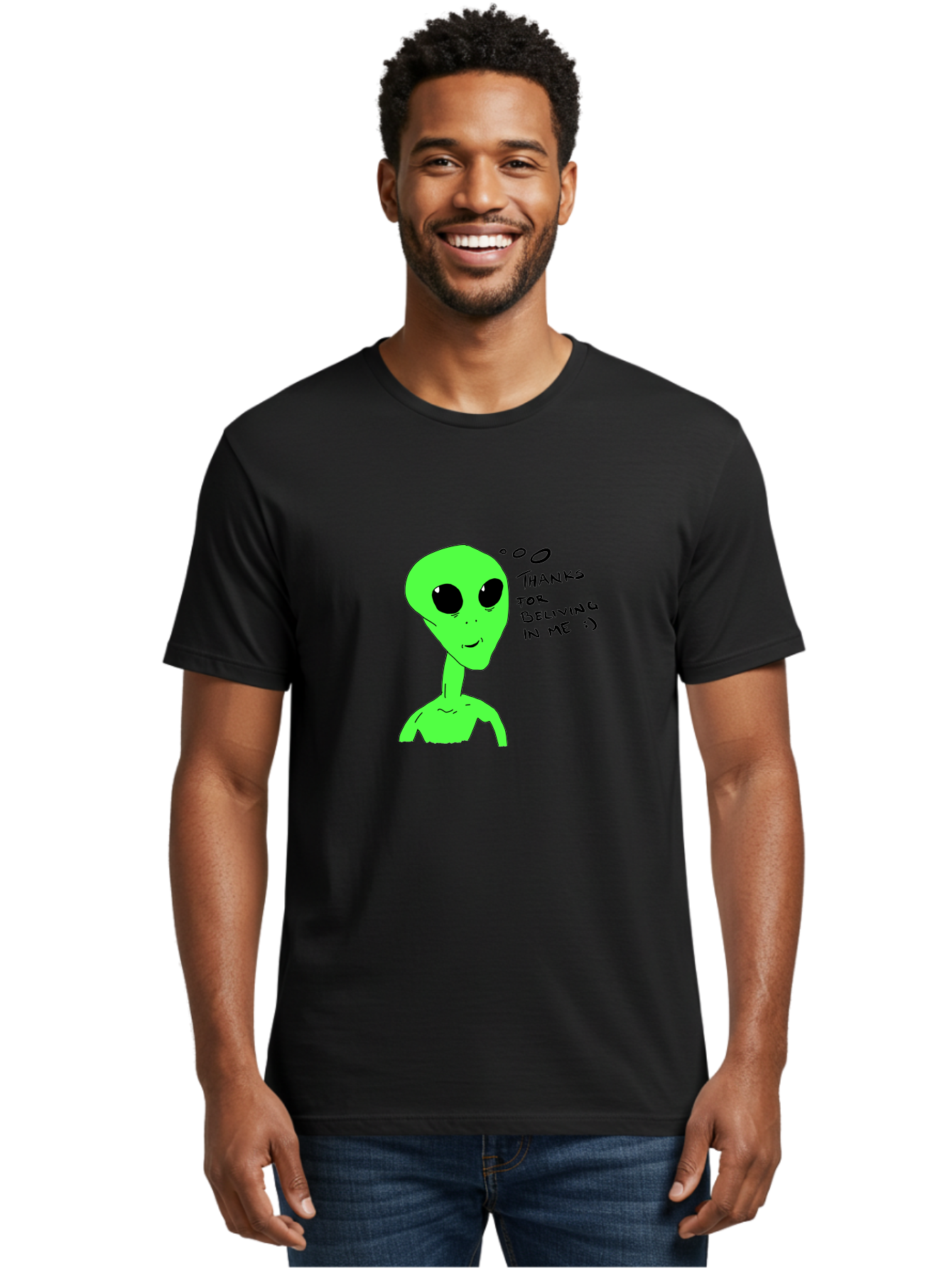 Alien-Thanks-For-Beliving-In-Me Men'S Graphic Tee, 100% Cotton, Comfortable Casual Summer Wear, Machine Washable, Alien Cartoon Character, Extraterrestrial Life, Thought Bubble, Thanks For Believing In Me, Quirky Humor, Playful Design, -  Aaa003
