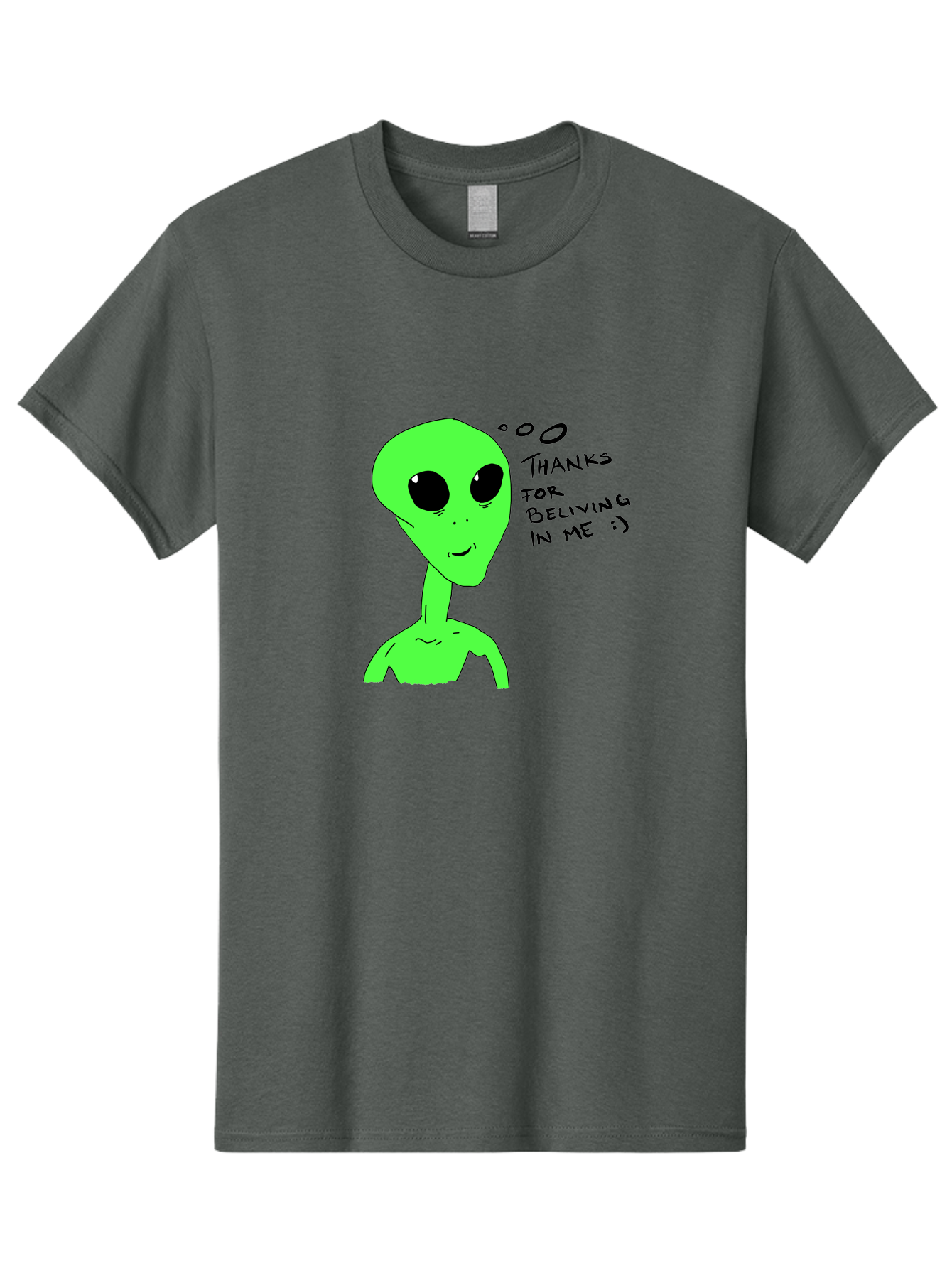 Alien-Thanks-For-Beliving-In-Me Men'S Graphic Tee, 100% Cotton, Comfortable Casual Summer Wear, Machine Washable, Alien Cartoon Character, Extraterrestrial Life, Thought Bubble, Thanks For Believing In Me, Quirky Humor, Playful Design, -  Aaa003