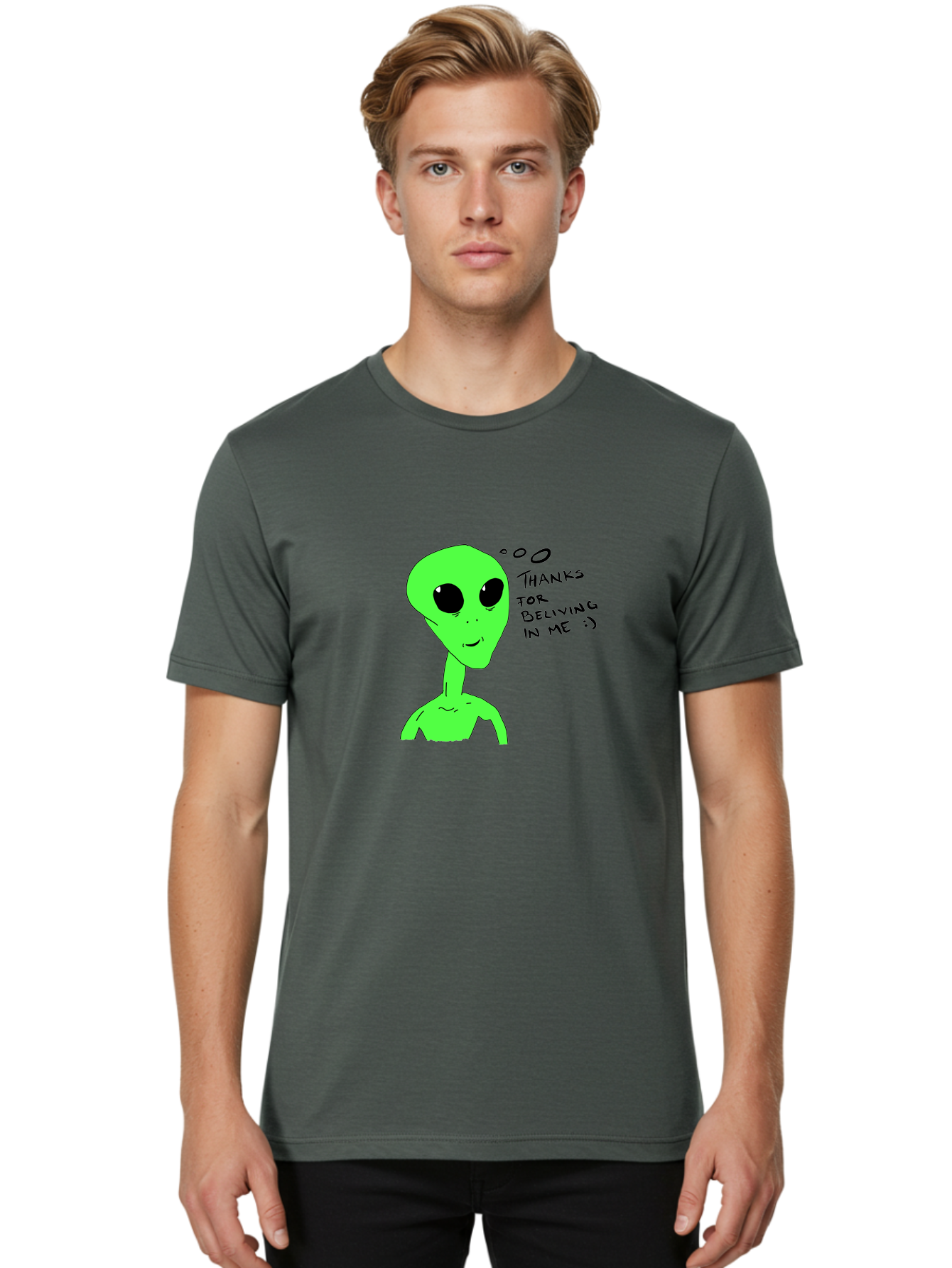 Alien-Thanks-For-Beliving-In-Me Men'S Graphic Tee, 100% Cotton, Comfortable Casual Summer Wear, Machine Washable, Alien Cartoon Character, Extraterrestrial Life, Thought Bubble, Thanks For Believing In Me, Quirky Humor, Playful Design, -  Aaa003