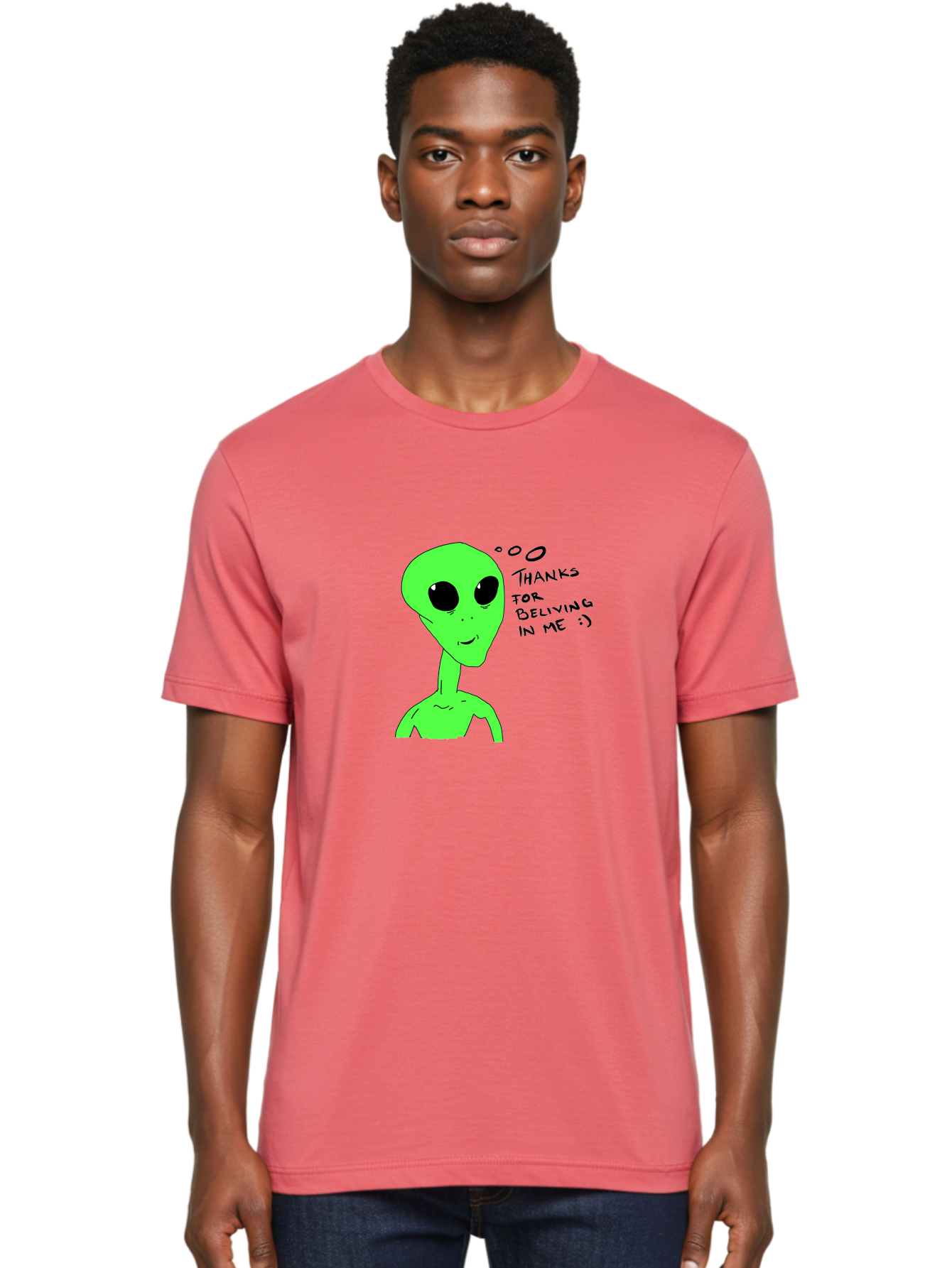 Alien-Thanks-For-Beliving-In-Me Men'S Graphic Tee, 100% Cotton, Comfortable Casual Summer Wear, Machine Washable, Alien Cartoon Character, Extraterrestrial Life, Thought Bubble, Thanks For Believing In Me, Quirky Humor, Playful Design, -  Aaa003