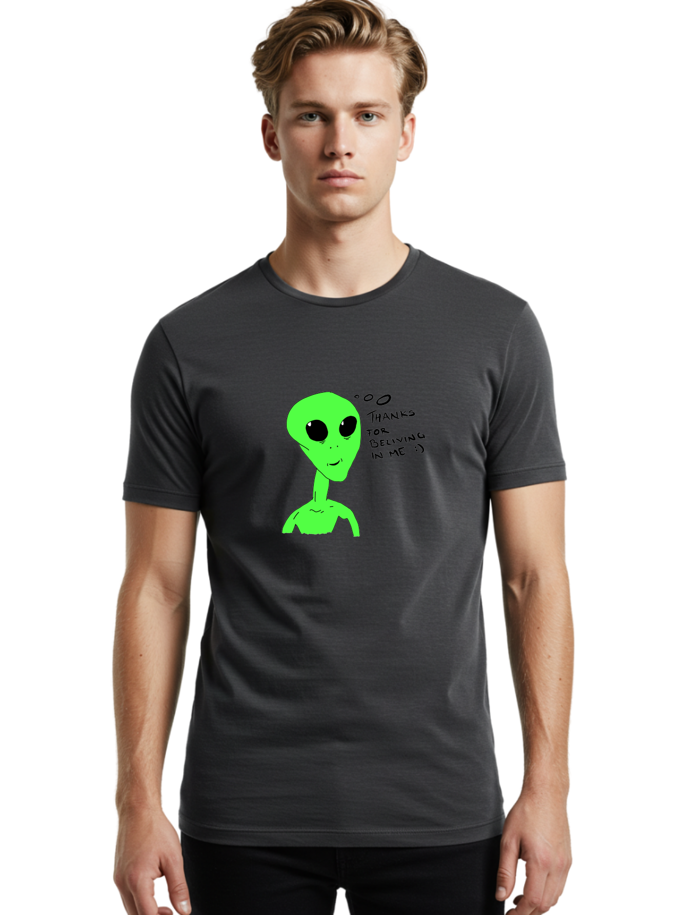 Alien-Thanks-For-Beliving-In-Me Men'S Graphic Tee, 100% Cotton, Comfortable Casual Summer Wear, Machine Washable, Alien Cartoon Character, Extraterrestrial Life, Thought Bubble, Thanks For Believing In Me, Quirky Humor, Playful Design, -  Aaa003