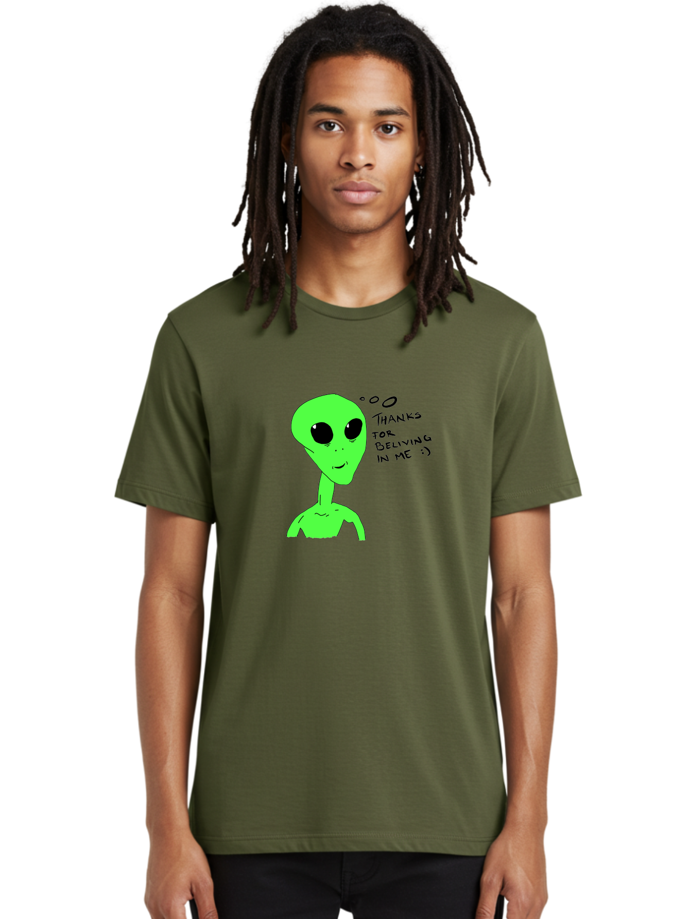 Alien-Thanks-For-Beliving-In-Me Men'S Graphic Tee, 100% Cotton, Comfortable Casual Summer Wear, Machine Washable, Alien Cartoon Character, Extraterrestrial Life, Thought Bubble, Thanks For Believing In Me, Quirky Humor, Playful Design, -  Aaa003