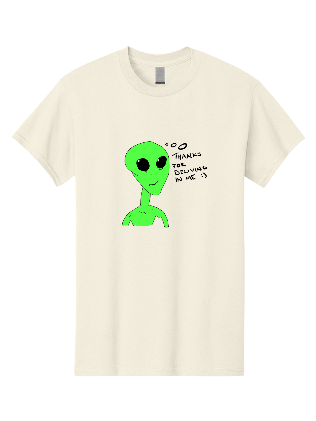 Alien-Thanks-For-Beliving-In-Me Men'S Graphic Tee, 100% Cotton, Comfortable Casual Summer Wear, Machine Washable, Alien Cartoon Character, Extraterrestrial Life, Thought Bubble, Thanks For Believing In Me, Quirky Humor, Playful Design, -  Aaa003