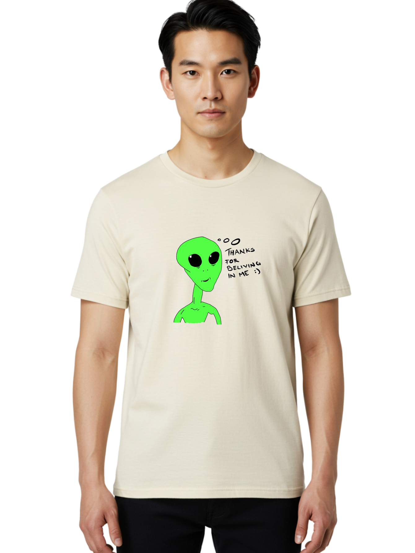 Alien-Thanks-For-Beliving-In-Me Men'S Graphic Tee, 100% Cotton, Comfortable Casual Summer Wear, Machine Washable, Alien Cartoon Character, Extraterrestrial Life, Thought Bubble, Thanks For Believing In Me, Quirky Humor, Playful Design, -  Aaa003