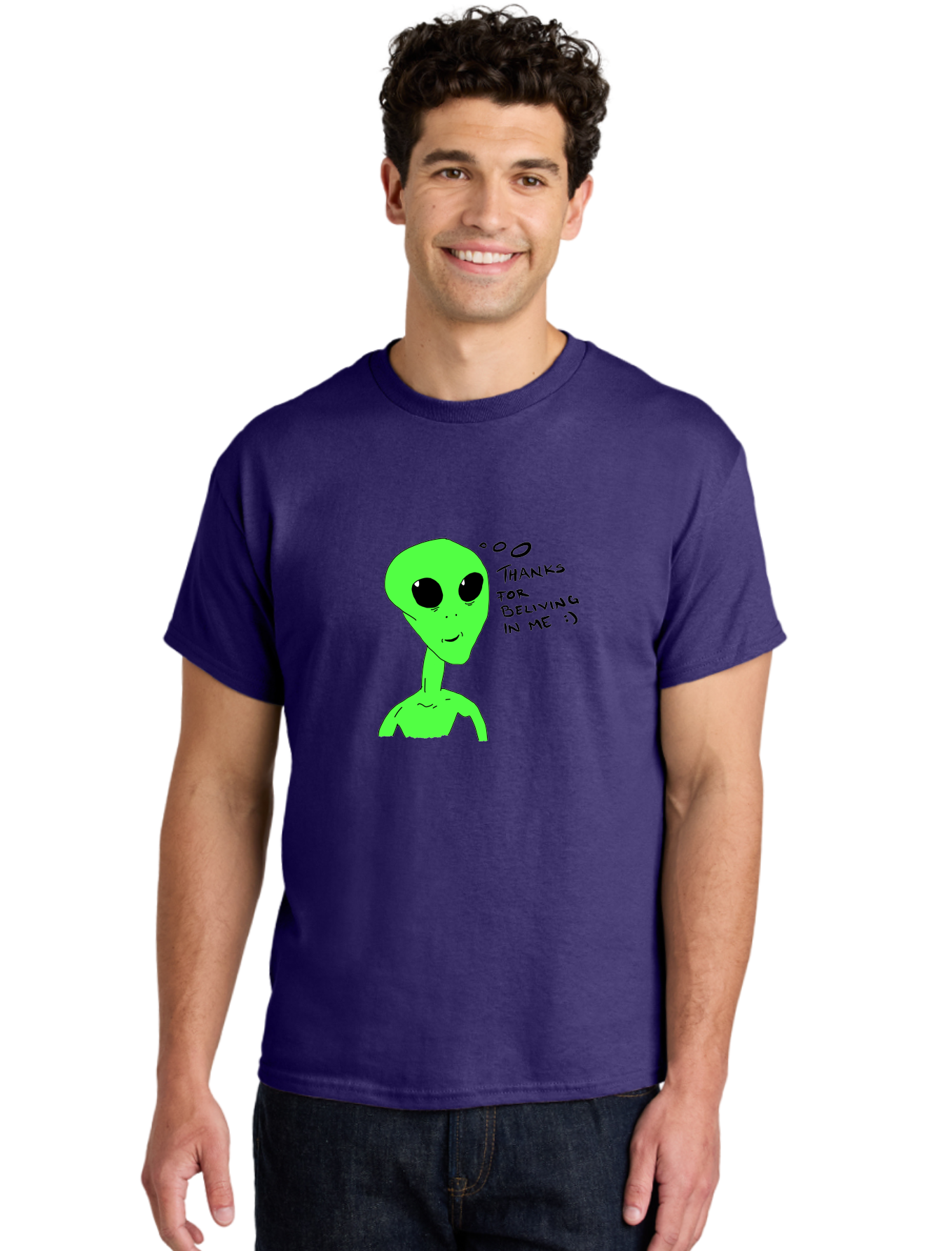 Alien-Thanks-For-Beliving-In-Me Men'S Graphic Tee, 100% Cotton, Comfortable Casual Summer Wear, Machine Washable, Alien Cartoon Character, Extraterrestrial Life, Thought Bubble, Thanks For Believing In Me, Quirky Humor, Playful Design, -  Aaa003