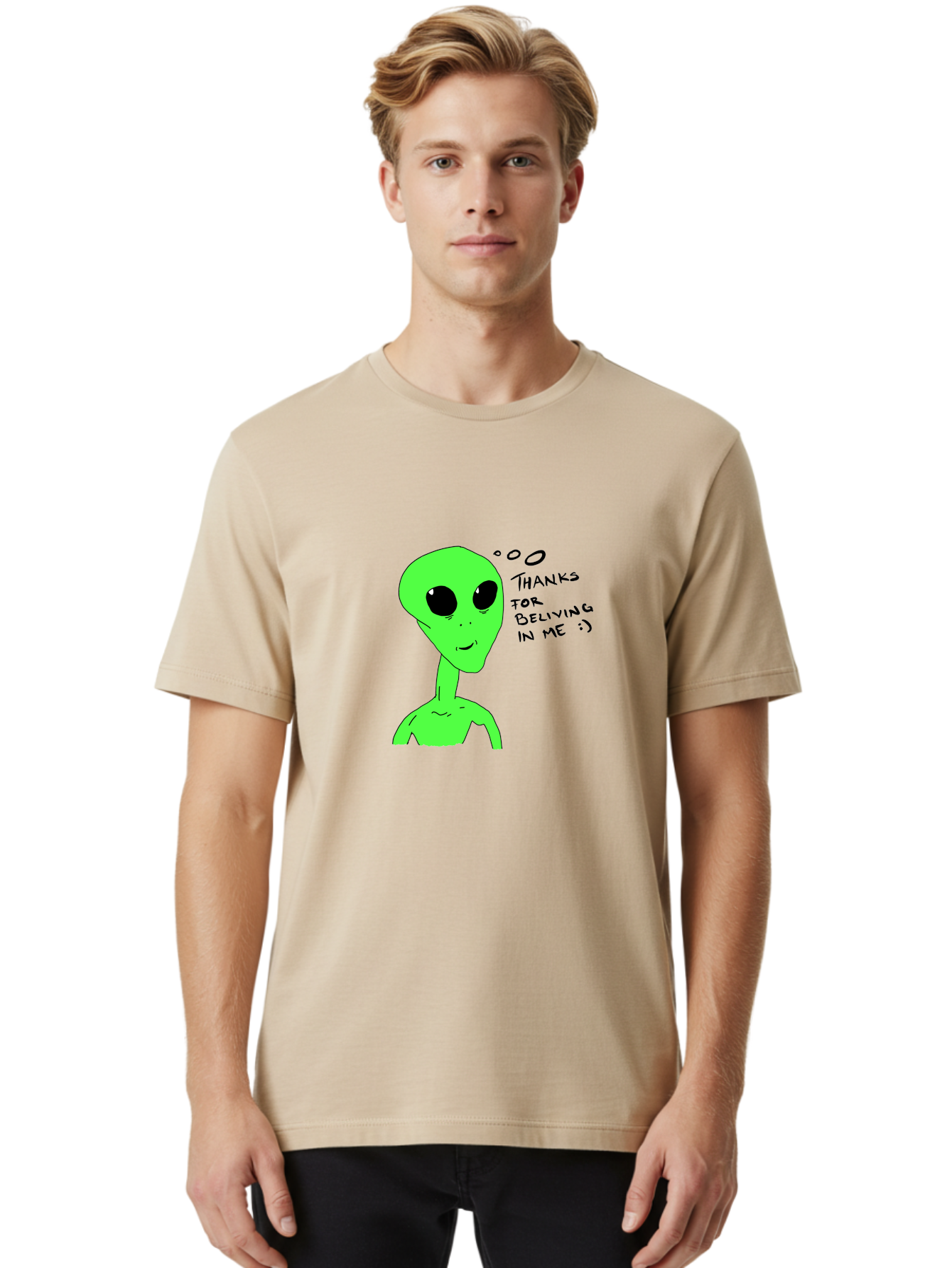 Alien-Thanks-For-Beliving-In-Me Men'S Graphic Tee, 100% Cotton, Comfortable Casual Summer Wear, Machine Washable, Alien Cartoon Character, Extraterrestrial Life, Thought Bubble, Thanks For Believing In Me, Quirky Humor, Playful Design, -  Aaa003