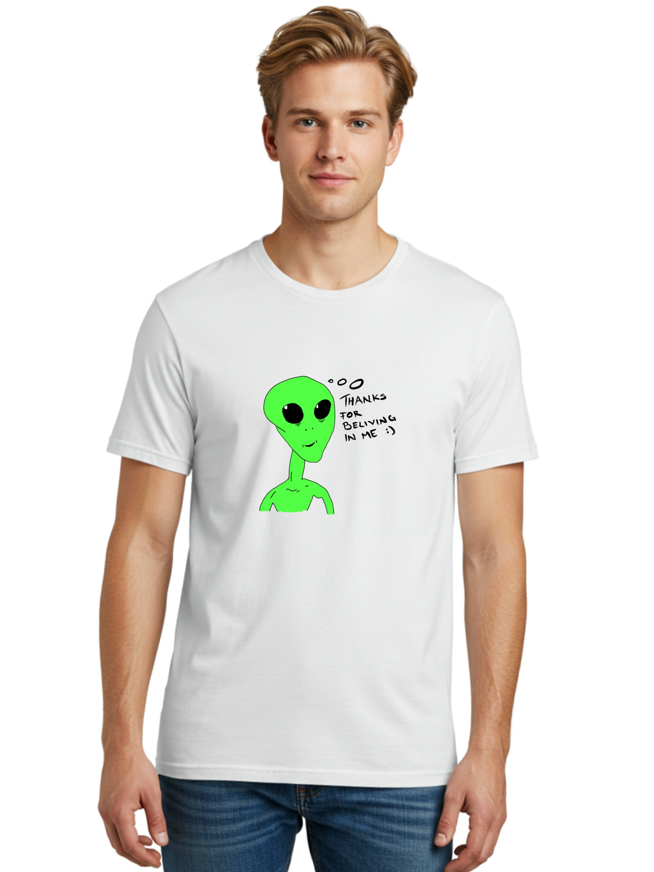 Alien-Thanks-For-Beliving-In-Me Men'S Graphic Tee, 100% Cotton, Comfortable Casual Summer Wear, Machine Washable, Alien Cartoon Character, Extraterrestrial Life, Thought Bubble, Thanks For Believing In Me, Quirky Humor, Playful Design, -  Aaa003