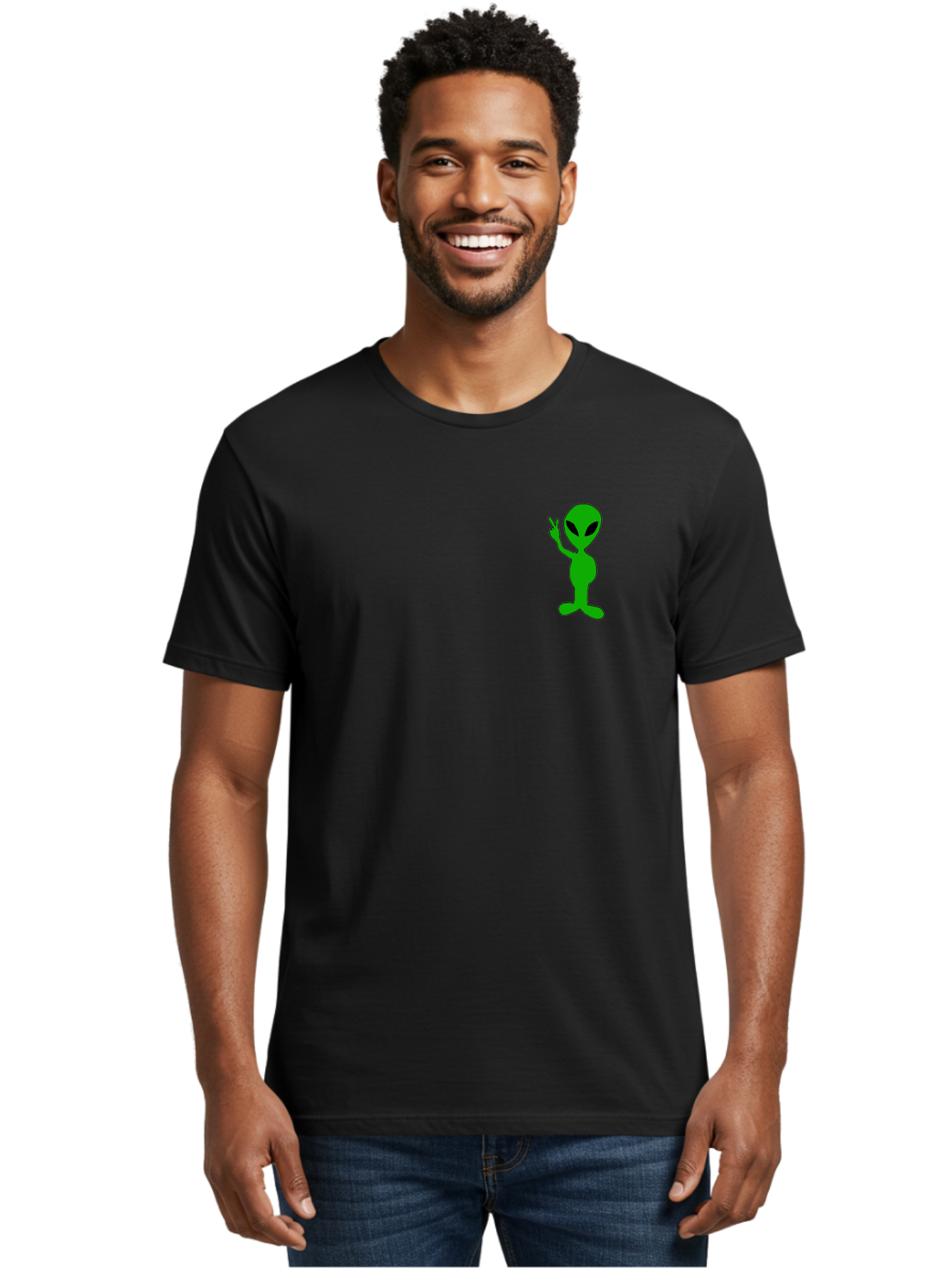 Alien Men'S Graphic Tee, 100% Cotton, Comfortable Casual Summer Wear, Machine Washable, Cartoon Alien, Science Fiction Character, Extraterrestrial Being, Funny Alien, Alien Waving, Pop Culture Icon, Alien Illustration, Humorous Design, -  Aaa004