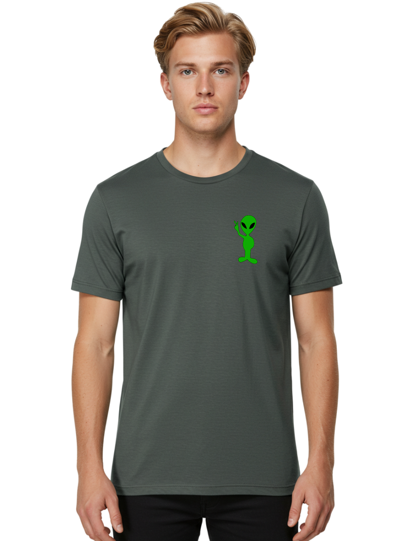 Alien Men'S Graphic Tee, 100% Cotton, Comfortable Casual Summer Wear, Machine Washable, Cartoon Alien, Science Fiction Character, Extraterrestrial Being, Funny Alien, Alien Waving, Pop Culture Icon, Alien Illustration, Humorous Design, -  Aaa004