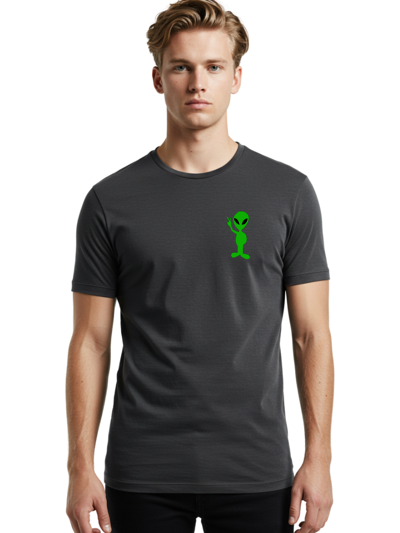 Alien Men'S Graphic Tee, 100% Cotton, Comfortable Casual Summer Wear, Machine Washable, Cartoon Alien, Science Fiction Character, Extraterrestrial Being, Funny Alien, Alien Waving, Pop Culture Icon, Alien Illustration, Humorous Design, -  Aaa004
