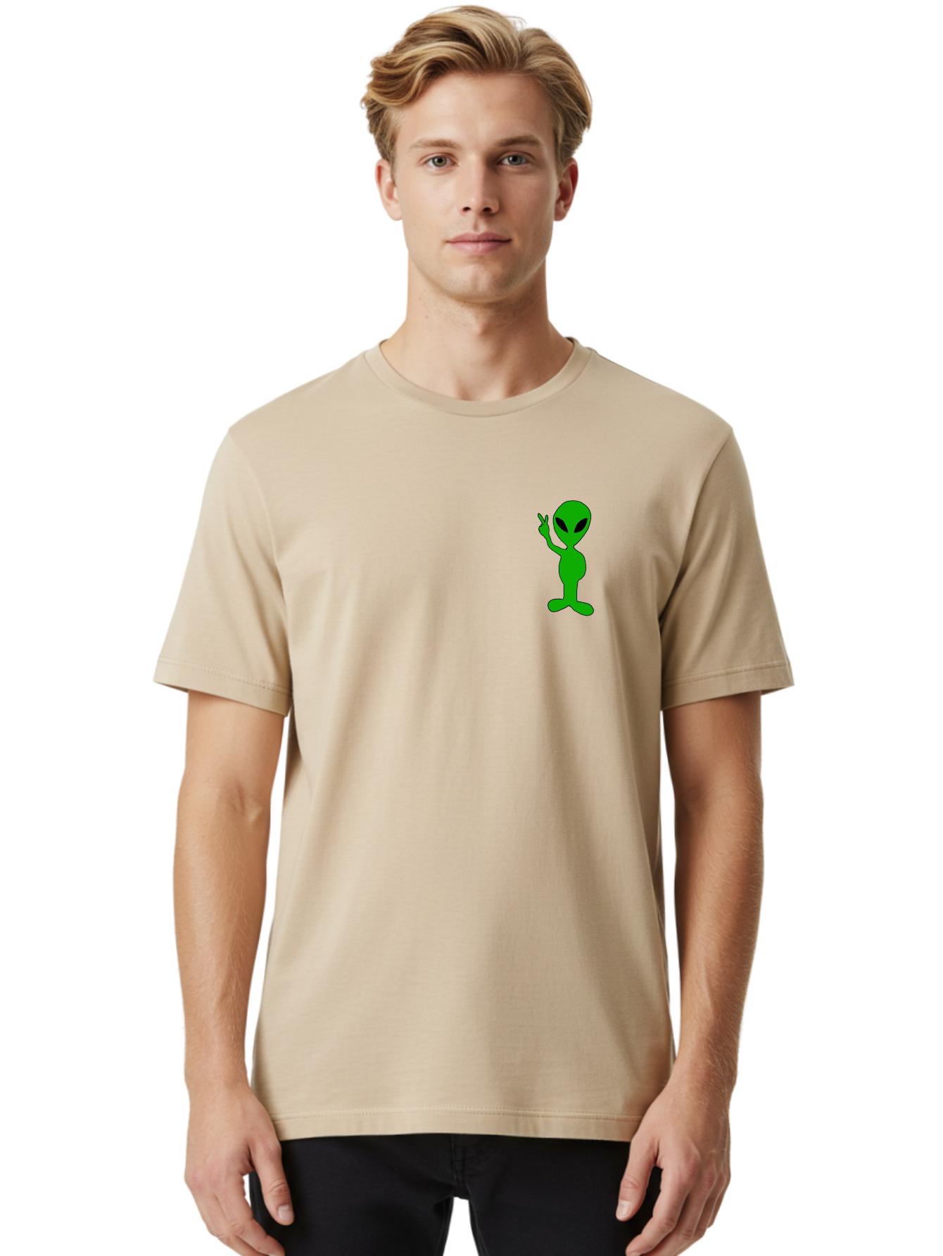 Alien Men'S Graphic Tee, 100% Cotton, Comfortable Casual Summer Wear, Machine Washable, Cartoon Alien, Science Fiction Character, Extraterrestrial Being, Funny Alien, Alien Waving, Pop Culture Icon, Alien Illustration, Humorous Design, -  Aaa004