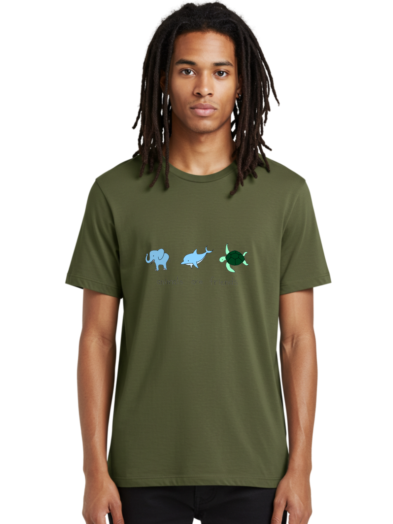 Animals-Are-Friends Men'S Graphic Tee, 100% Cotton, Comfortable Casual Summer Wear, Machine Washable, Cartoon Elephant, Dolphin, Turtle, Friendship, Animal Buddies, Wildlife Companions, Cute Illustrations, Animal Friends, -  Aaa006
