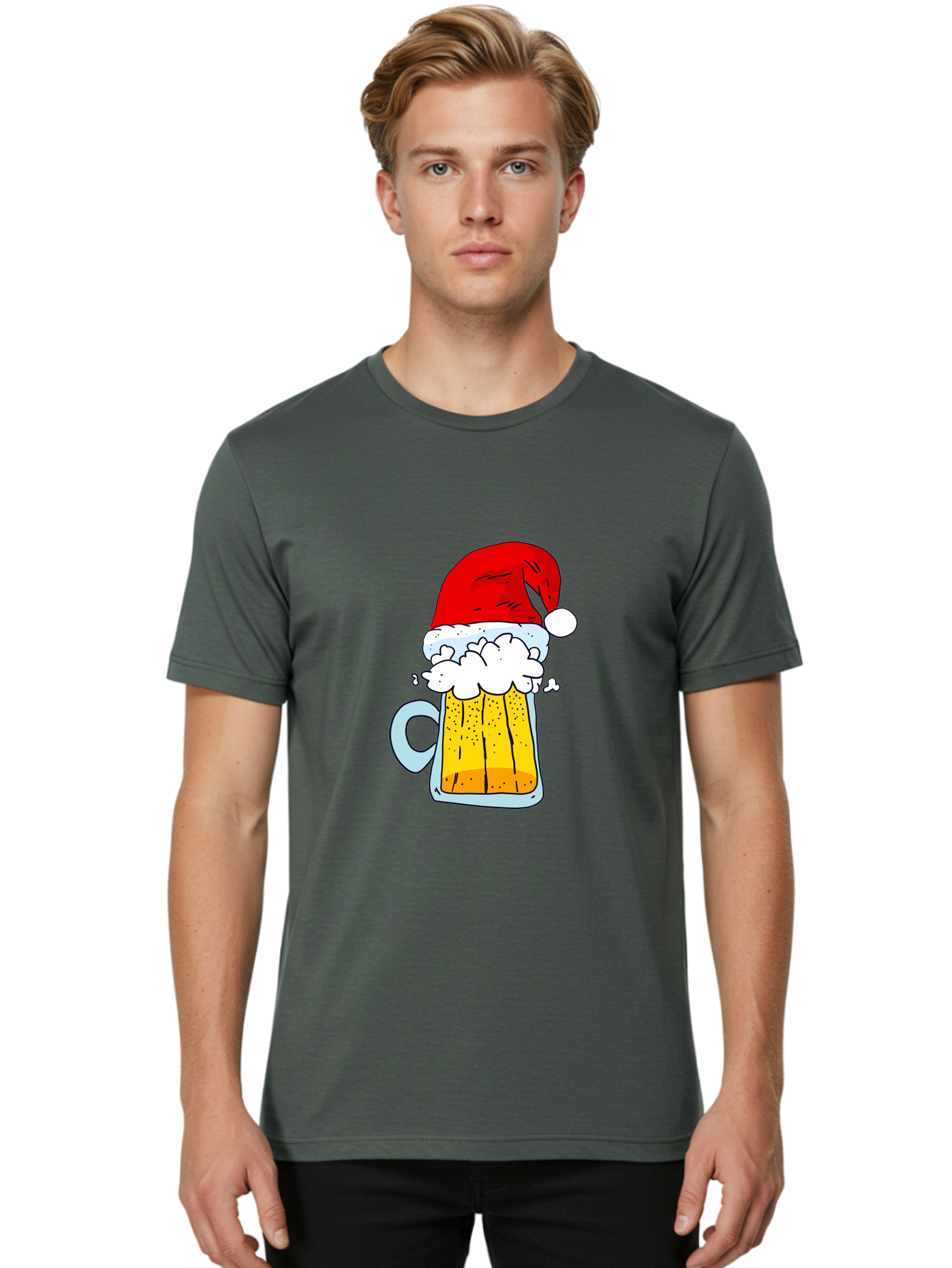 Beer-Mug-With-Santa-Hat Men'S Graphic Tee, 100% Cotton, Comfortable Casual Summer Wear, Machine Washable, Beer Mug With Santa Hat, Christmas Theme, Festive Drink, Holiday Cheer, Cartoon Style, Funny Illustration, Cold Beer, -  Aaa011