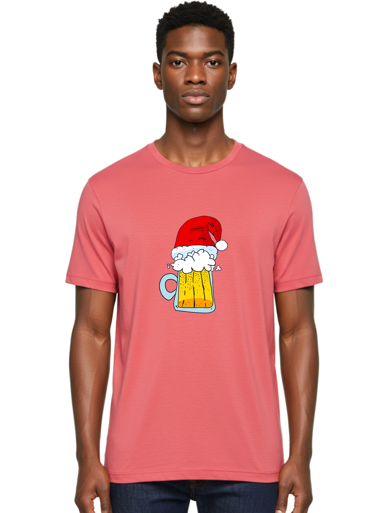 Beer-Mug-With-Santa-Hat Men'S Graphic Tee, 100% Cotton, Comfortable Casual Summer Wear, Machine Washable, Beer Mug With Santa Hat, Christmas Theme, Festive Drink, Holiday Cheer, Cartoon Style, Funny Illustration, Cold Beer, -  Aaa011