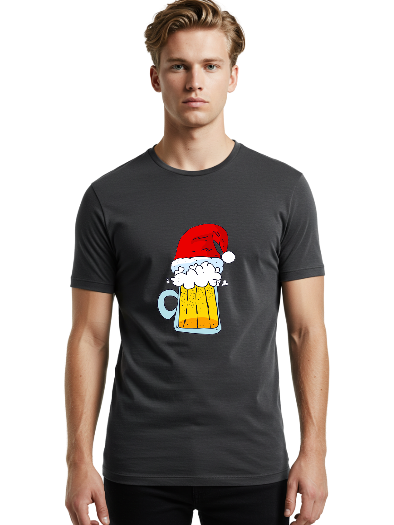 Beer-Mug-With-Santa-Hat Men'S Graphic Tee, 100% Cotton, Comfortable Casual Summer Wear, Machine Washable, Beer Mug With Santa Hat, Christmas Theme, Festive Drink, Holiday Cheer, Cartoon Style, Funny Illustration, Cold Beer, -  Aaa011